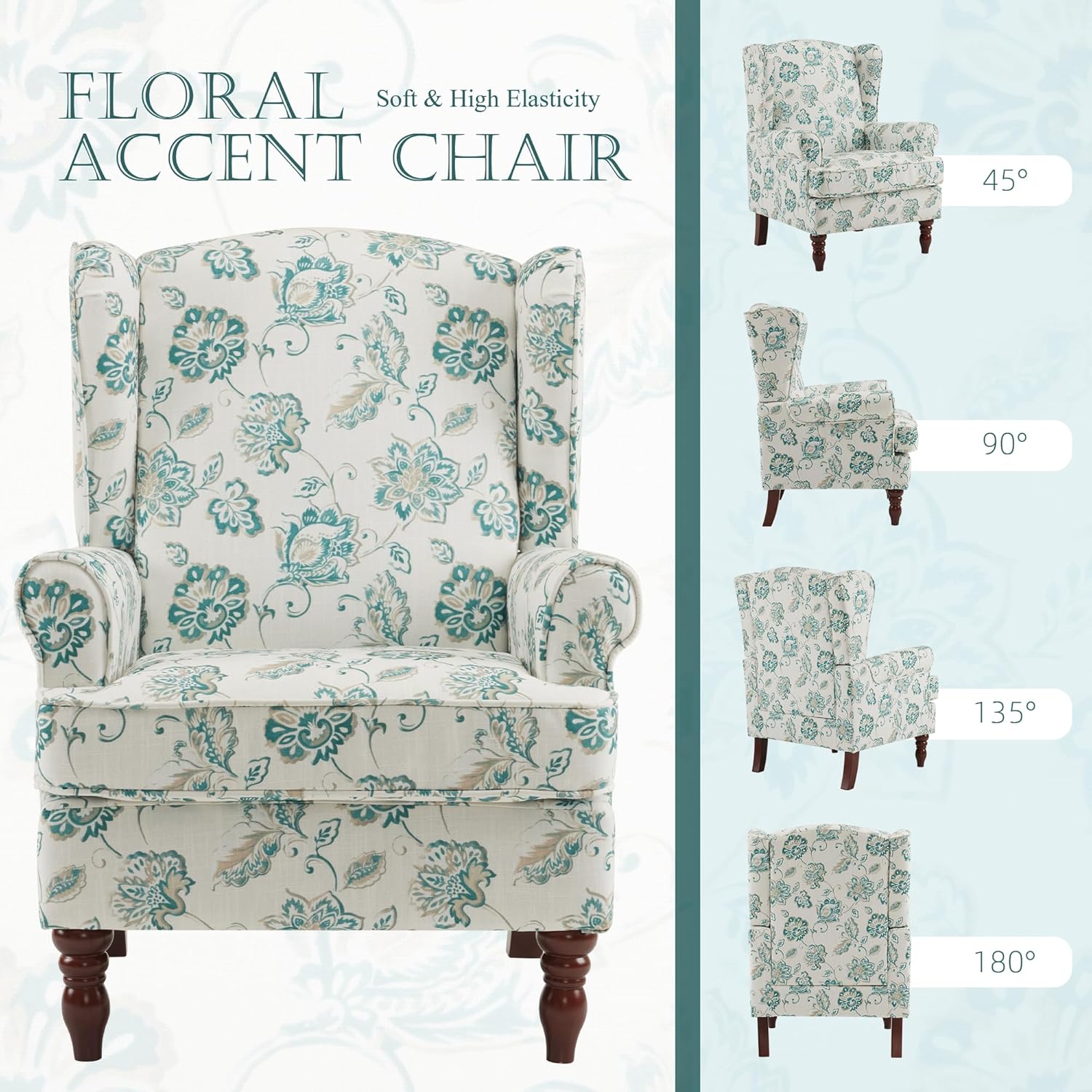 HOMREST Fabric Accent Chair for Living Room Bedroom Reading, Light Cyan Floral