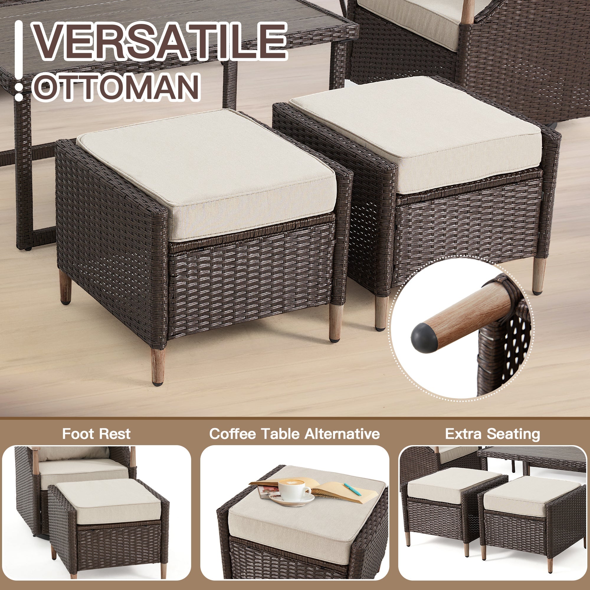 HOMREST 7-Piece Outdoor Wicker Patio Set with Swivel Chairs, Ottoman & Coffee Table, Beige