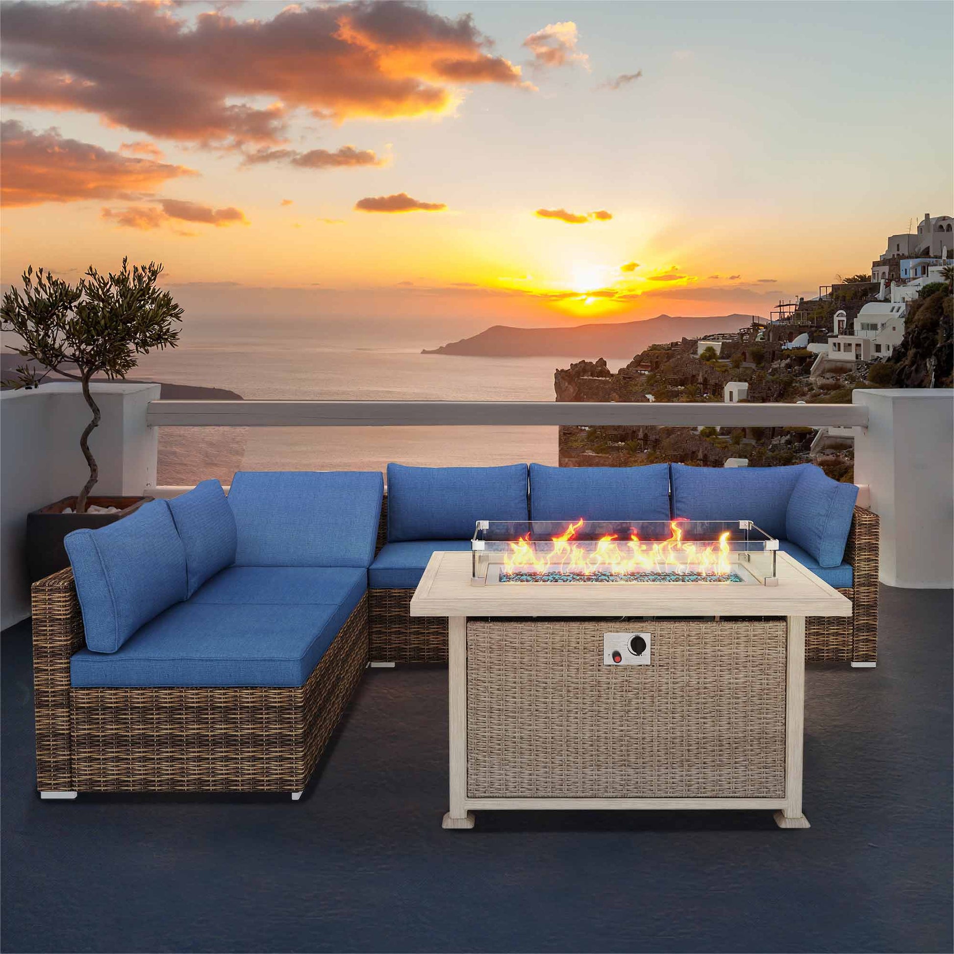 Patio sofa set with propane fire pit table for poolside, porch and balcony. | Homrest furniture