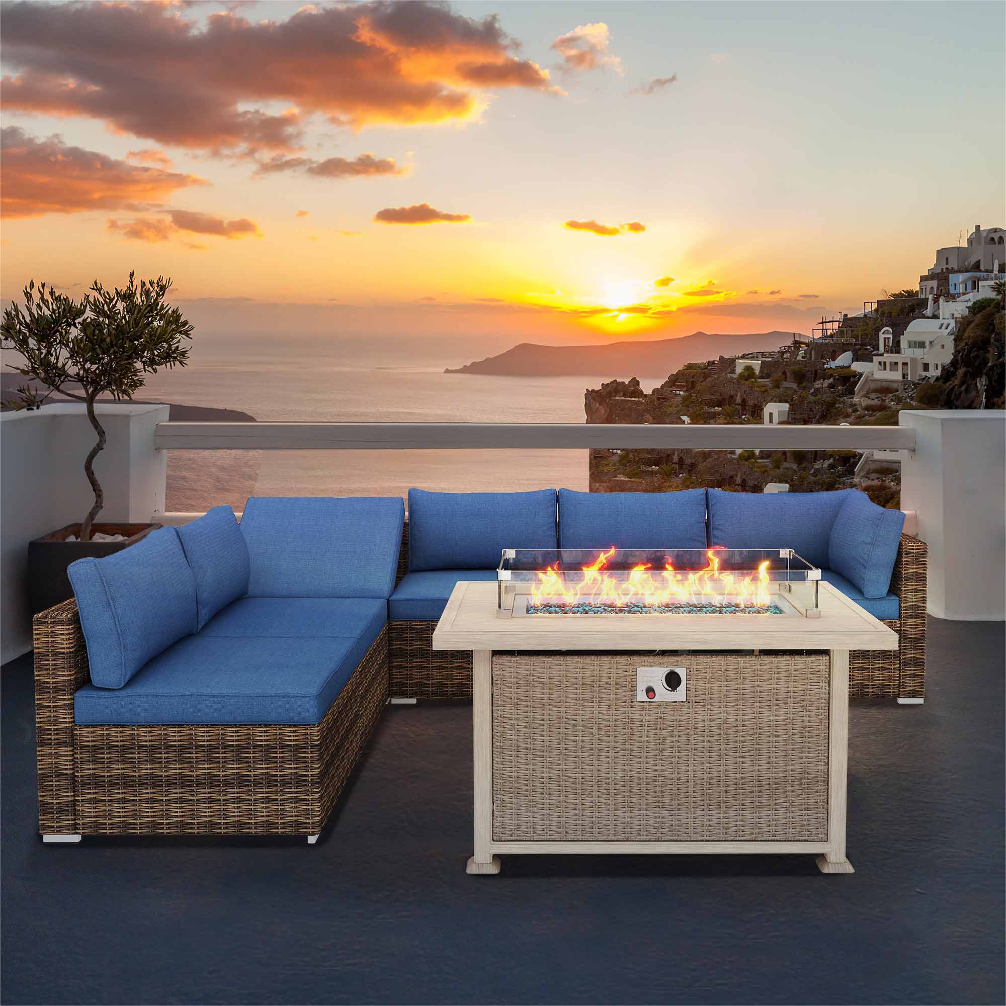 Patio sofa set with propane fire pit table for poolside, porch and balcony. | Homrest furniture