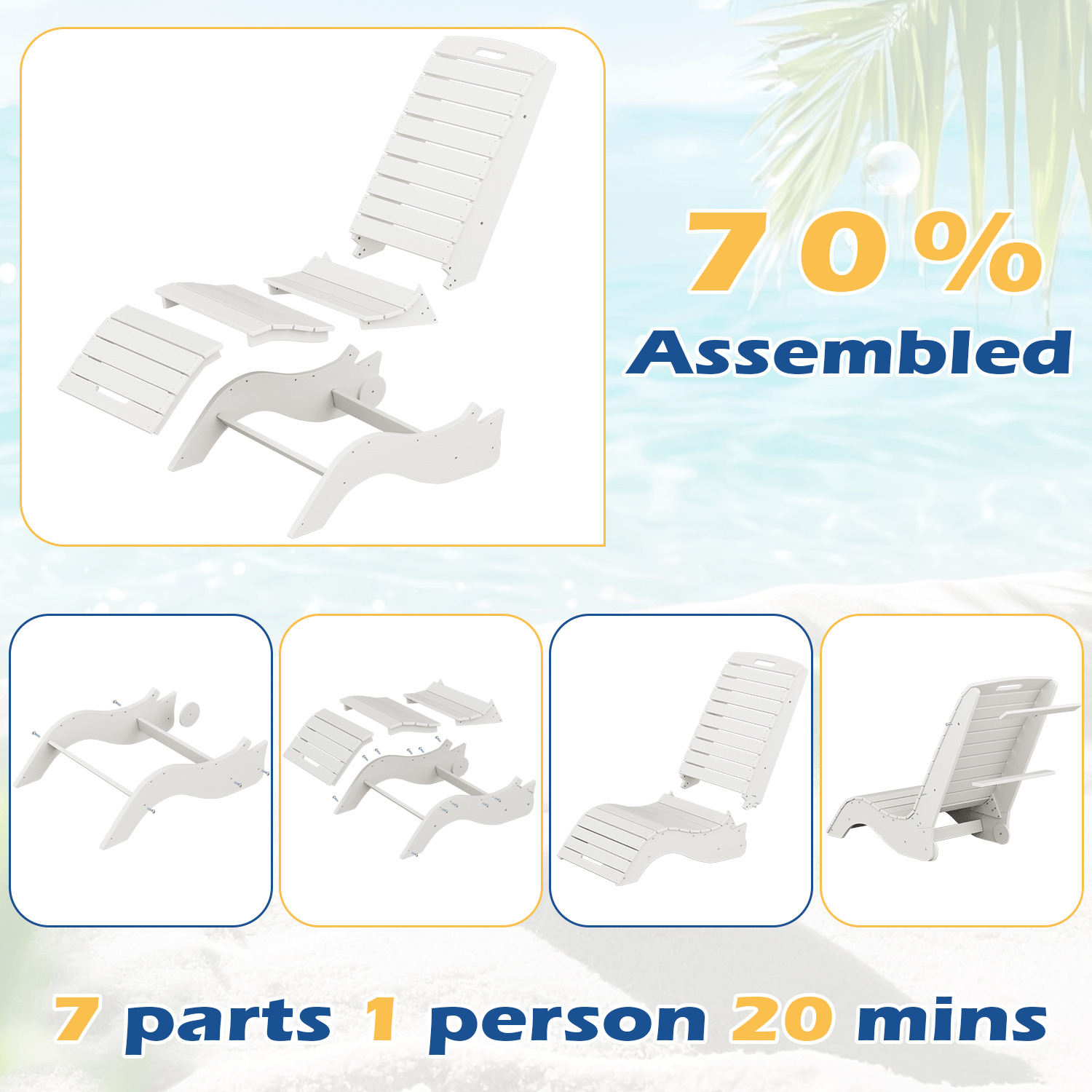HOMREST HDPE Pool Lounge Chairs Set of 2, In-Pool Chaise with Wheels, S-Shaped, White