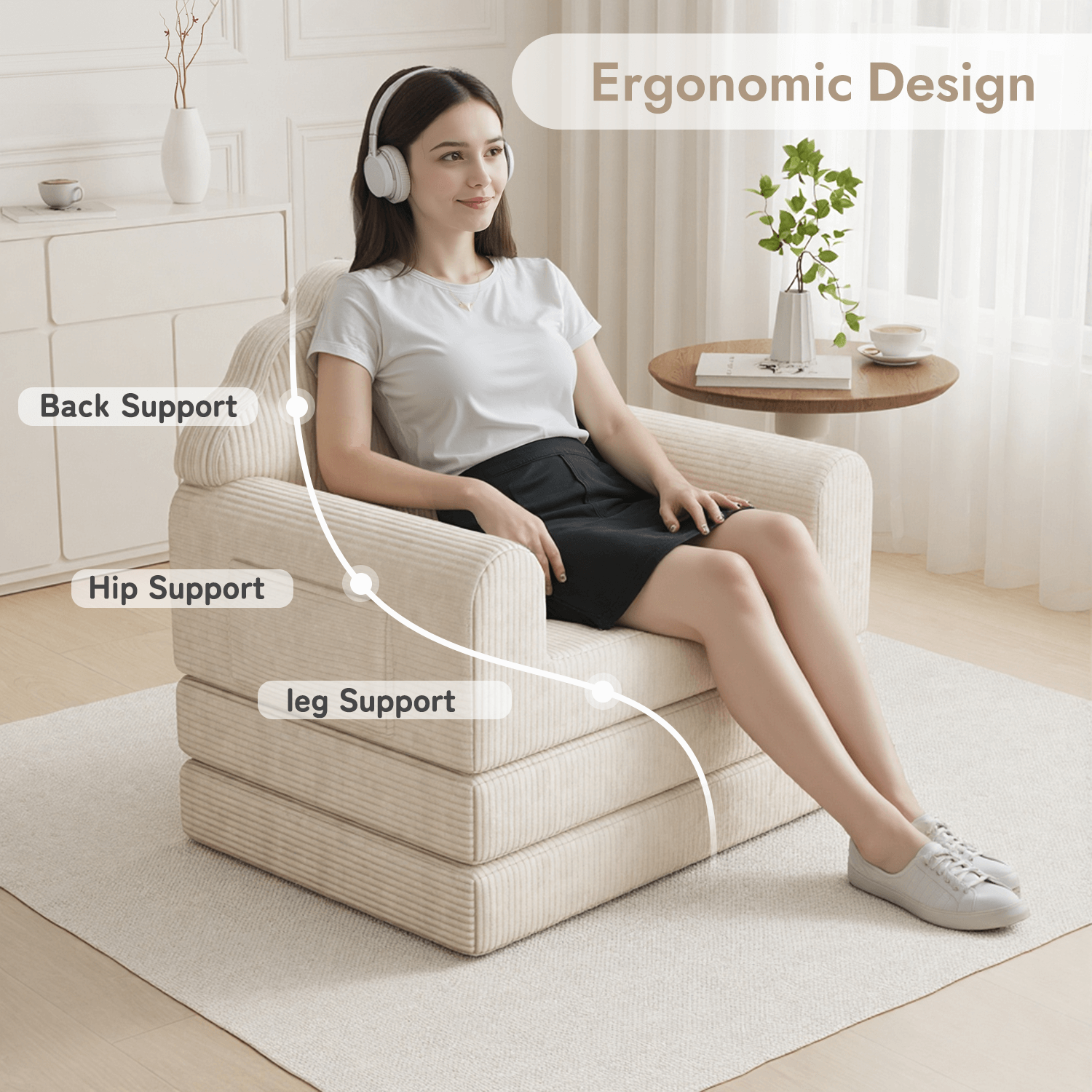 HOMREST 2-in-1 Folding Sofa Bed with Back Support, 75" D x 34" W Convertible Futon Sleeper Chair for Living Room Bedroom Small Spaces, Beige