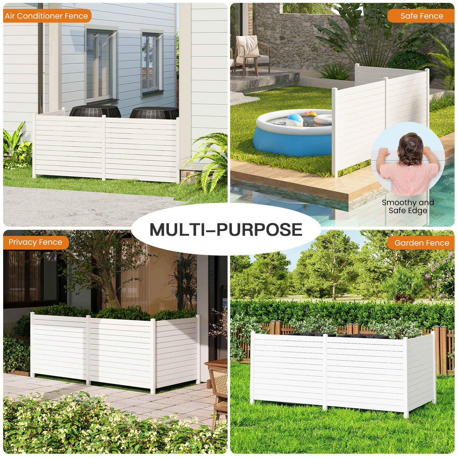 HOMREST Outdoor Privacy Fence, 48in H x 48in W Air Conditioner Fence，No Dig Trash Can Fence, 3 Fence Panels Pool Equipment Enclosure, Horizontal PVC Privacy Screen with 18 in Ground Stakes,White