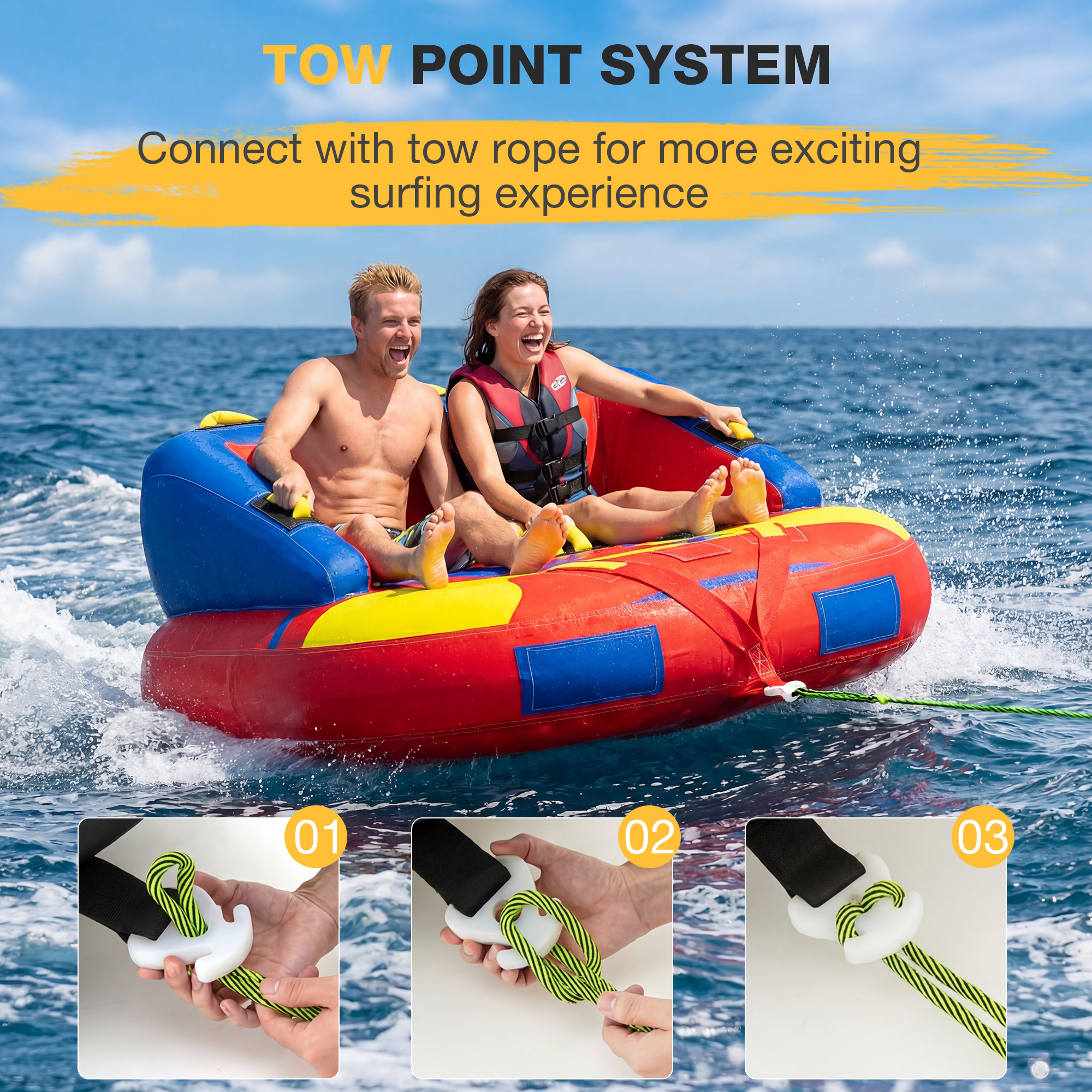 HOMREST 2-Person Towable Tubes for Boating with Towable Rope, Couch Reversible Boat Tube, Padded Bolster Guard Handles & Quick-Connect Tow Point