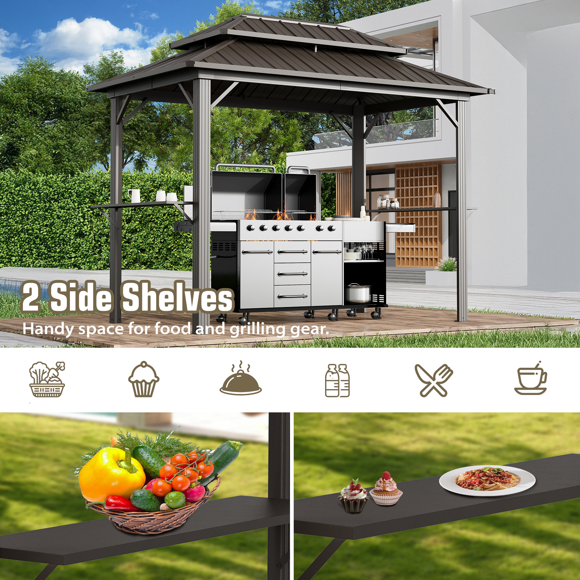 HOMREST 10' x 6' Hardtop Grill Gazebo, Outdoor BBQ Gazebo with 2 Side Shelves and Bottle Opener, All-weather Grill Gazebo with Galvanized Steel Double Roof for Patio, Lawn, Backyard, Brown