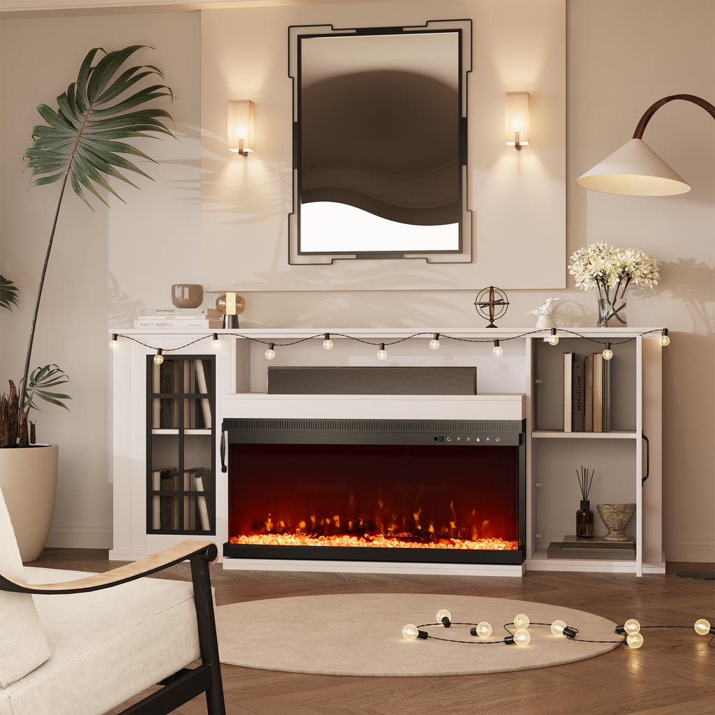 HOMREST 70" 3 Sided Glass Fireplace TV Stand, Modern Media Console with 12 Color Flames,White