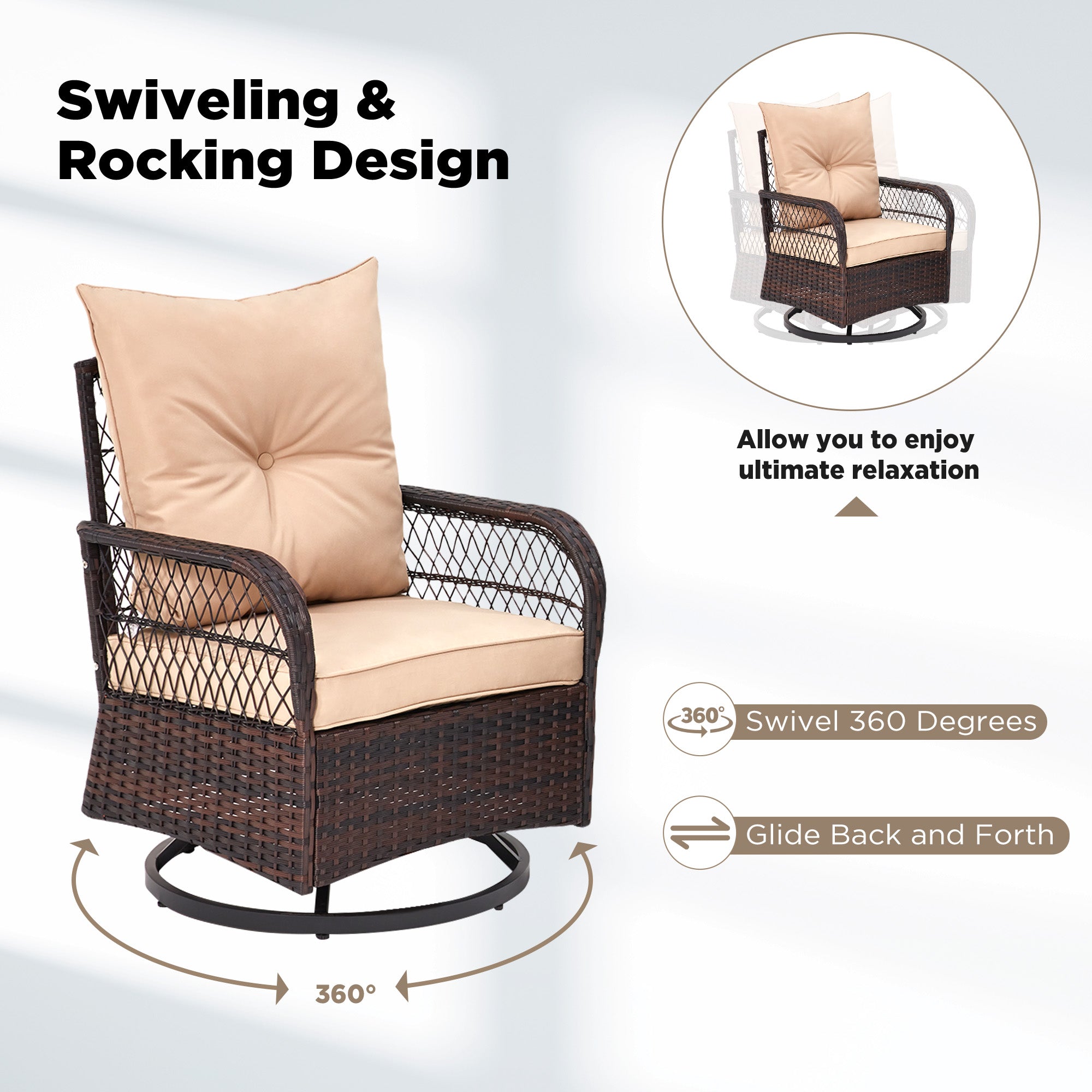 HOMREST 3-Piece Patio Swivel Rocker Set with Rattan Coffee Table, Beige