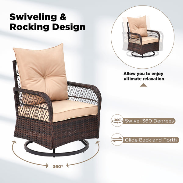 HOMREST 3-Piece Patio Swivel Rocker Set with Rattan Coffee Table, Beige