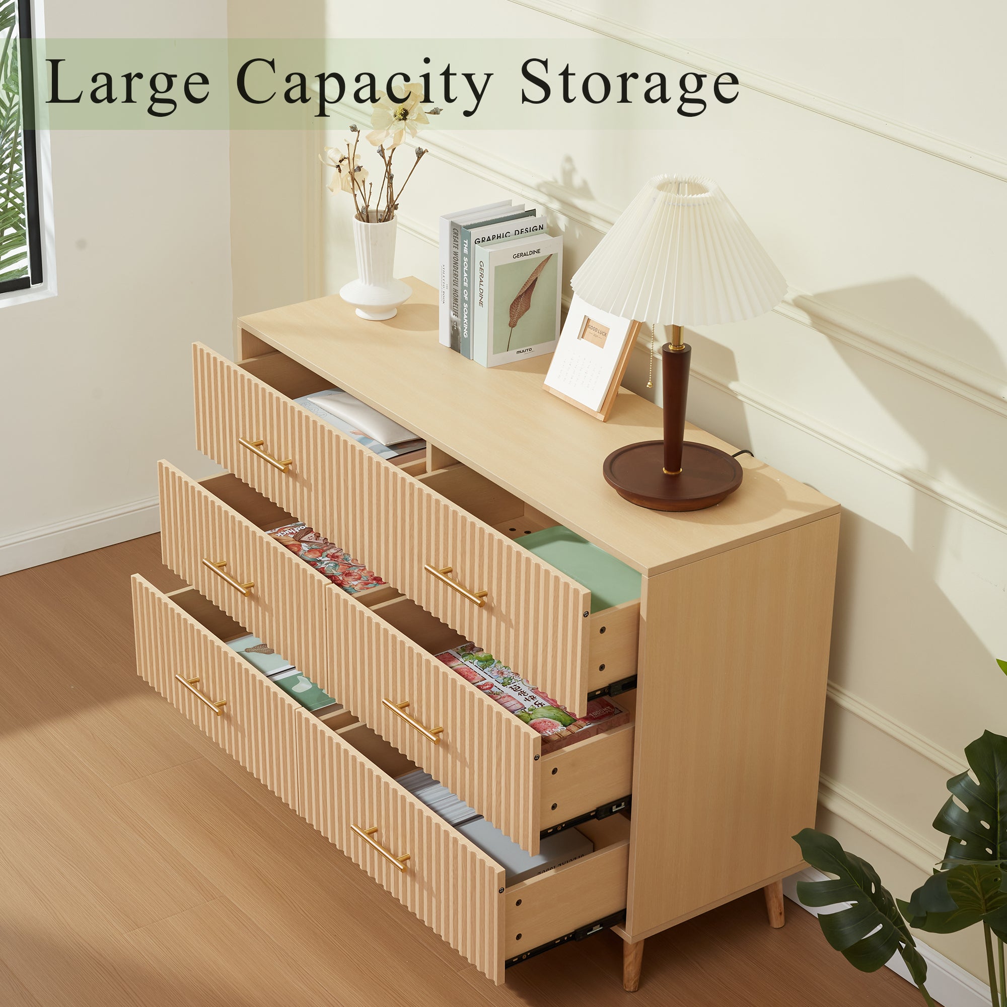 HOMREST 6 Drawer Dresser Modern Dresser Chest of Drawers with Fluted Panel