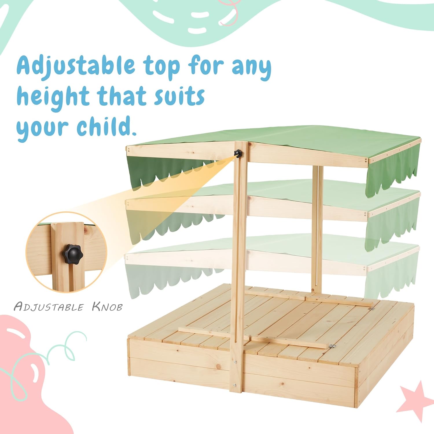 Homrest Kids Sandbox with Cover,Height Adjustable Roof,for Aged 3-8, with Sand Protection Liner, for Backyard, Beach, Lawn