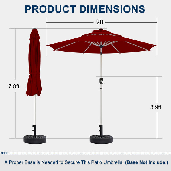 Homrest 9FT 3-Tier Aluminum Patio Umbrella, Fade-Resistant with Push Tilt, 8 Sturdy Aluminum Ribs,Burgundy