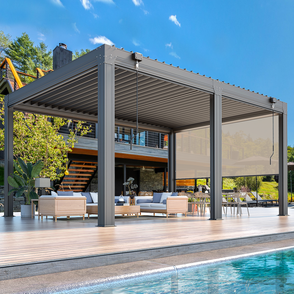 HOMREST 12x16 Louvered Pergola with Side Pull-Down Screen, Outdoor Aluminum Pergola with Thickened Frame and Adjustable Metal Rainproof Roof for Deck Patio Garden Yard, Black-Gray