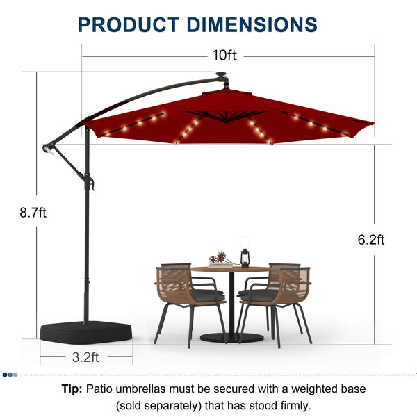 Homrest 10ft Solar Lighted Patio Umbrella with Base, Outdoor Cantilever Umbrella, Infinite Tilt, Burgundy
