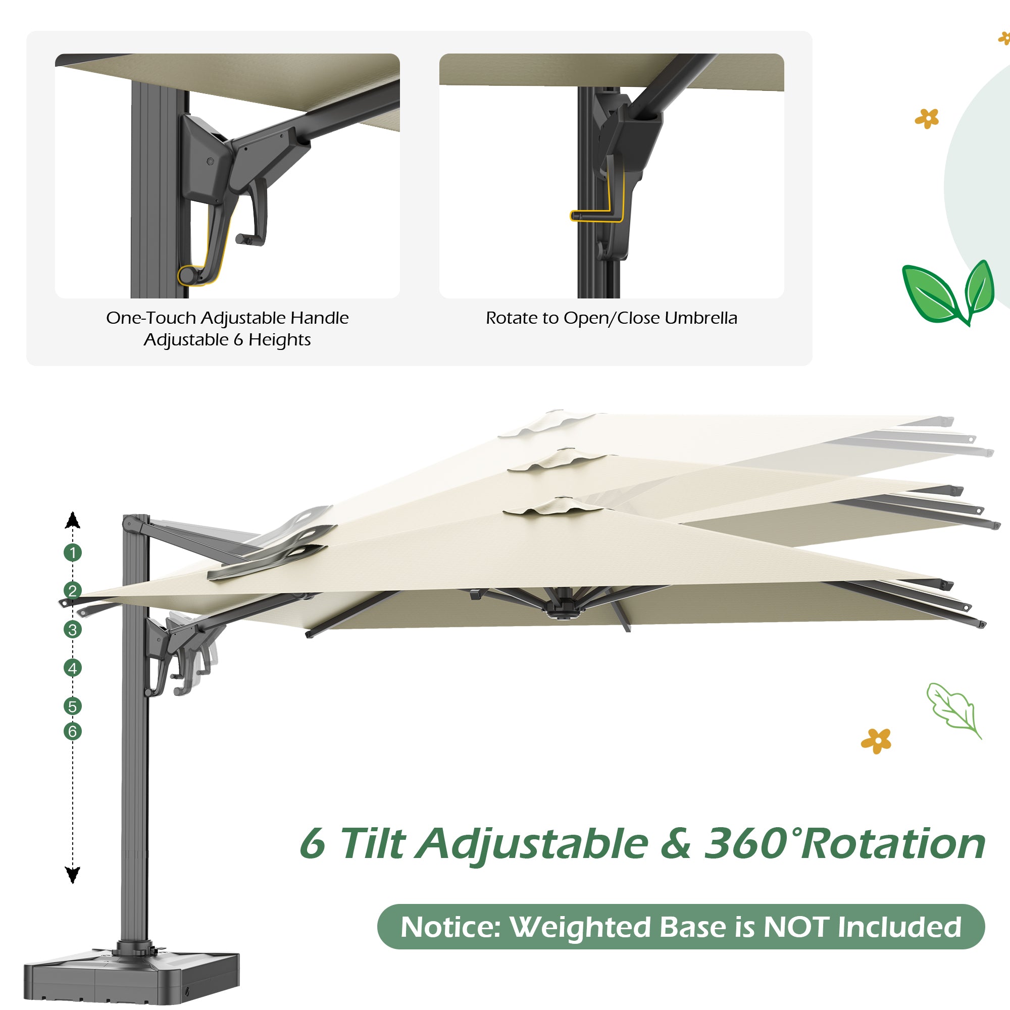 HOMREST 10x13ft Large Rectangular Cantilever Umbrella with 360° Rotation & 6 Adjustable Heights, Outdoor Patio Umbrella for Garden, Pool, Deck, Yellow (Base Excluded)
