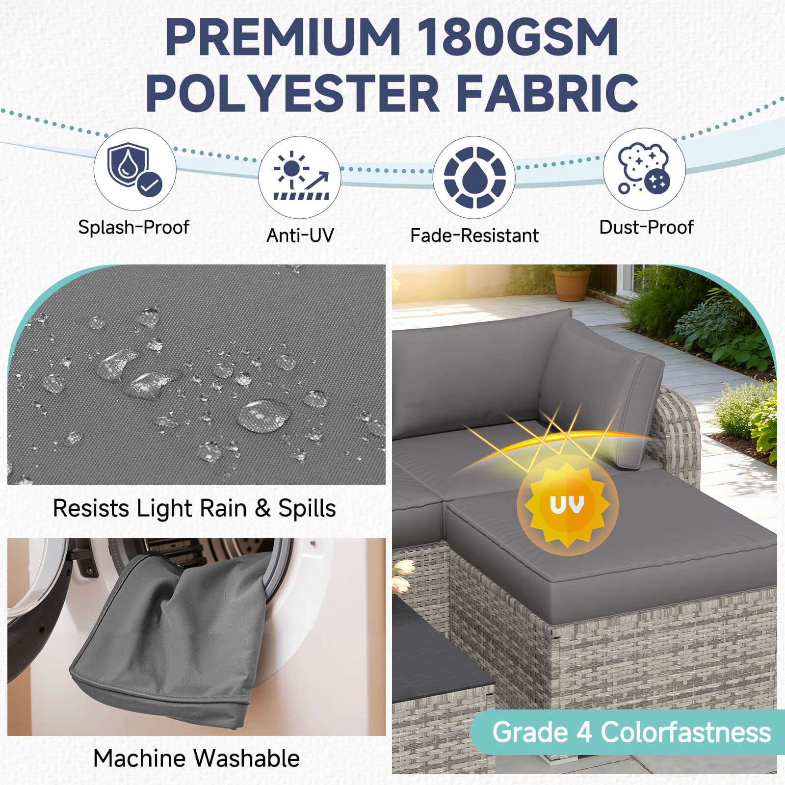 HOMREST 9-Piece Outdoor Sectional Cushions for 4-Seat Sofa, Waterproof Deep Seat w/ Non-Slip & Machine Washable Covers, Gray