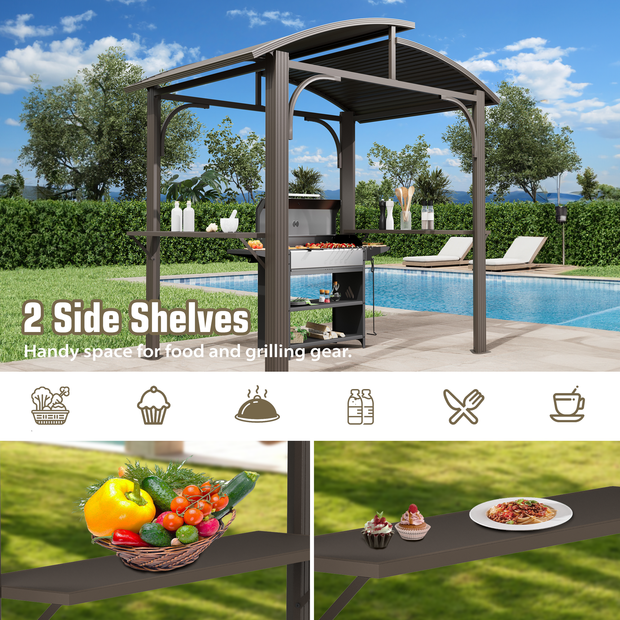 HOMREST 8' x 5' Hardtop Grill Gazebo, Outdoor BBQ Gazebo with 2 Side Shelves, Bottle Opener and Curved Galvanized Steel Roof, Brown