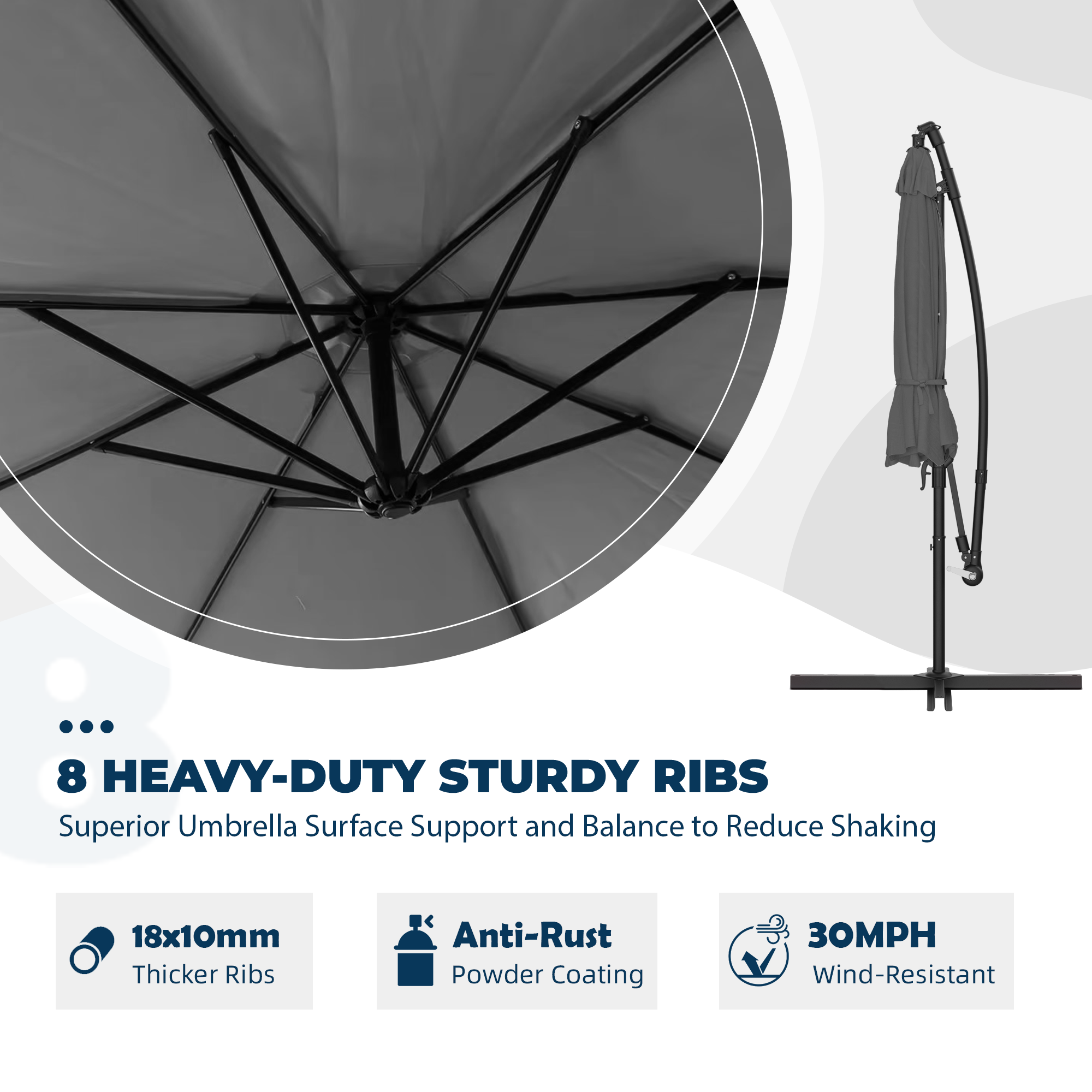Homrest 10ft Offset Patio Umbrella - Outdoor Hanging Umbrella with Easy Tilt, 99.9% UV Protection, and Sturdy Iron Frame for Garden, Pool, Backyard, Gray