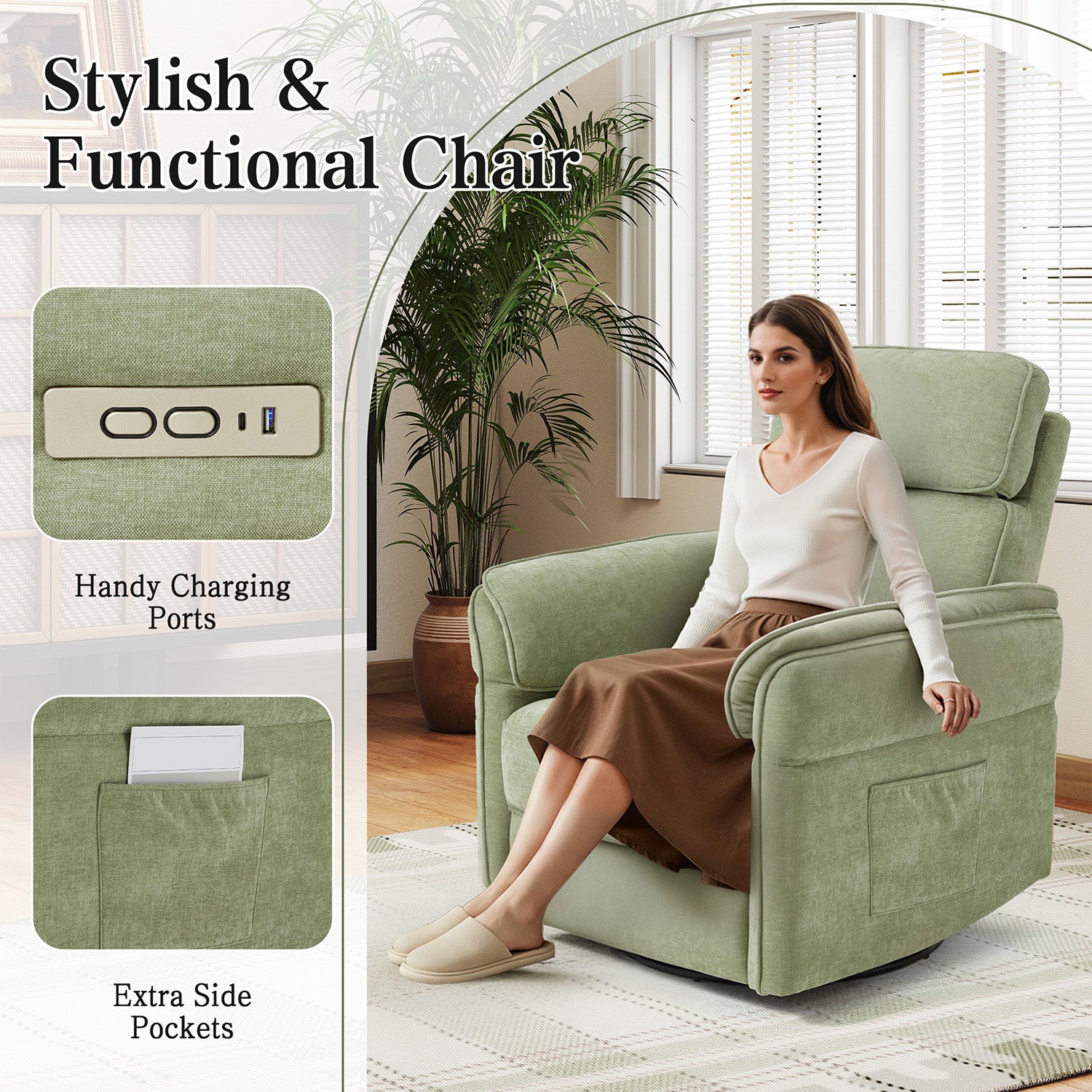 HOMREST Power Swivel Rocking Recliner Chair with Adjustable Headrest and Armrests, Green