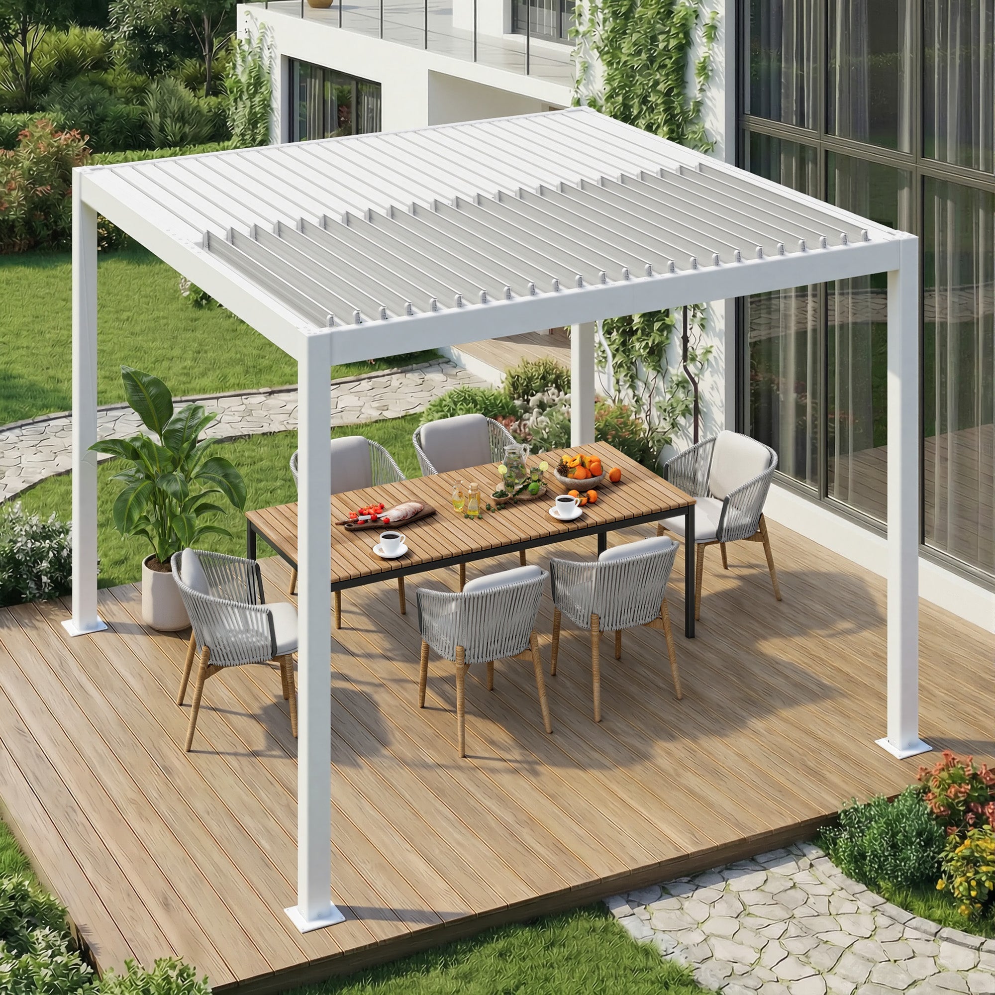 HOMREST 10' x 10' Outdoor Pergola with Adjustable Louvered Roof & Integrated Drainage, Heavy-Duty Metal Louvered Pergola for Patios, White