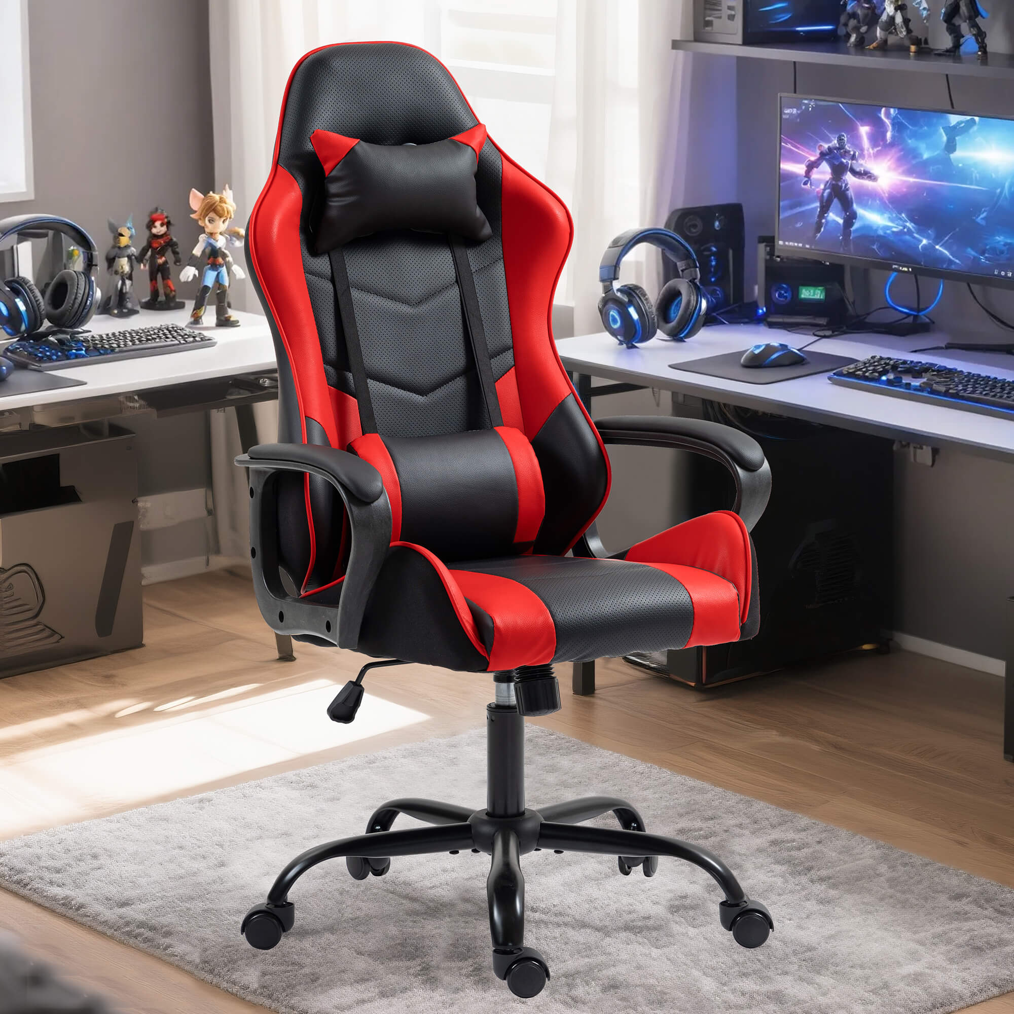 HOMREST Gaming Chair, Ergonomic Computer Gamer Chair with Massage Lumbar Support & Rocking High Back, Height Adjustable, Red