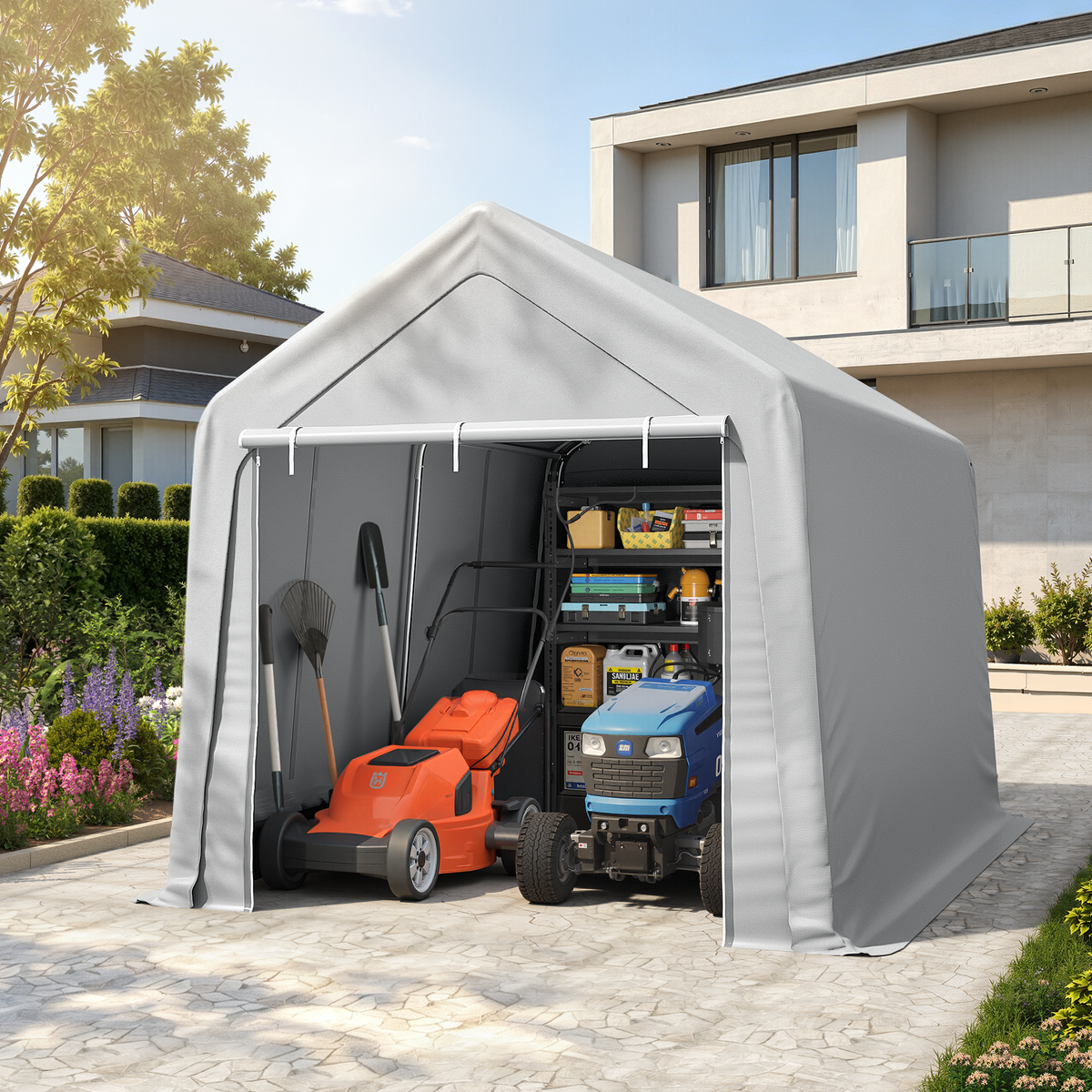 HOMREST 8 x 12 FT Carport Storage Shed, Outdoor Motorcycle Shed with Roll-Up Zipper Door & Vent, UV-Resistant Carport for Motorcycle, Firewood, Tools, Grey