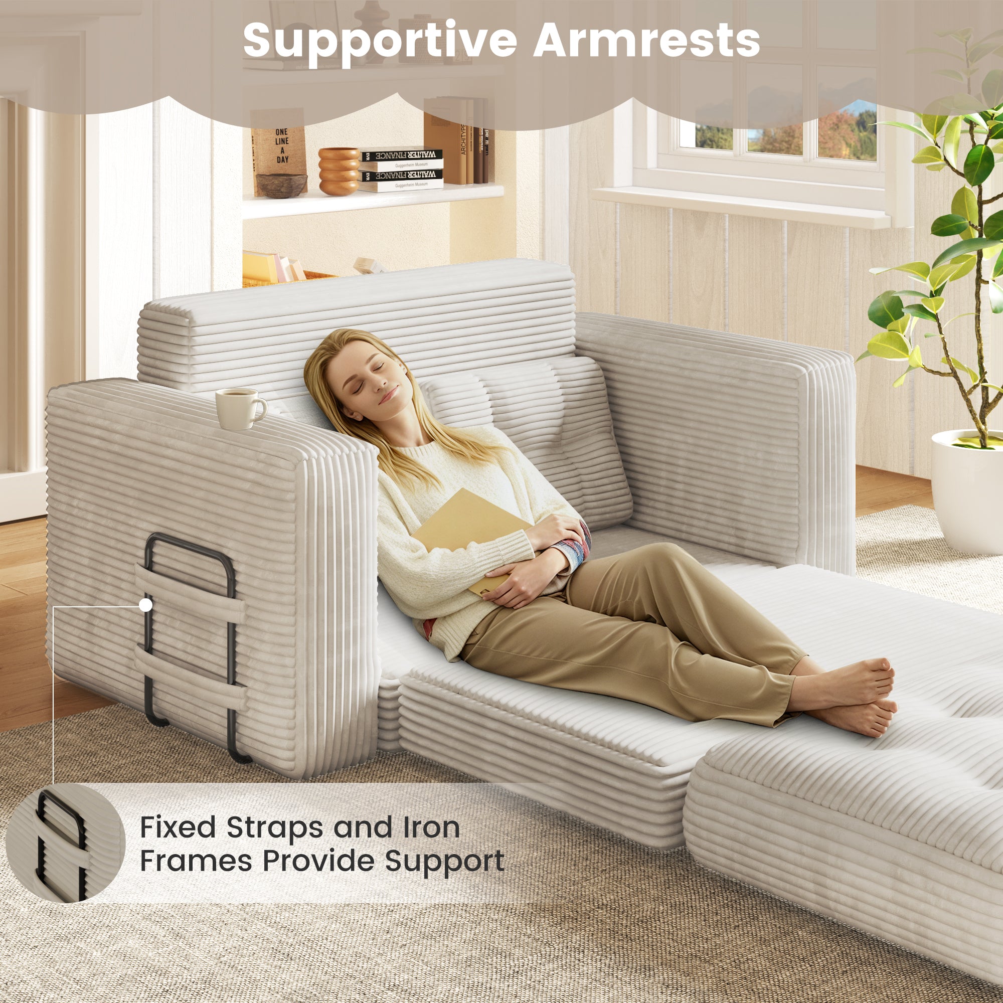 HOMREST No Assembly Needed Convertible Sofa Bed, 2 in 1 Boneless Couch Bed with 2 Pillows, Beige