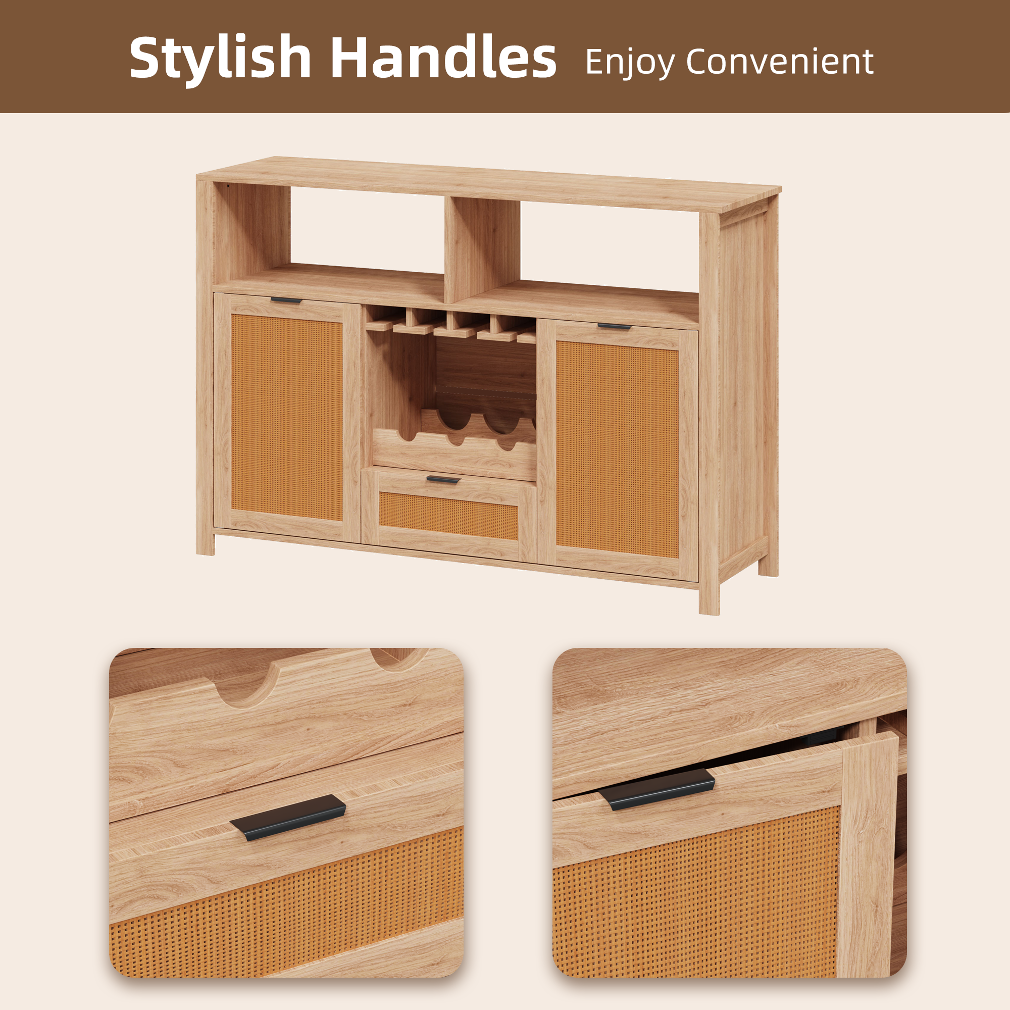 HOMREST Farmhouse Bar Cabinet with Storage, Wine Racks and Drawers for Dining Room and Living Room,Beige