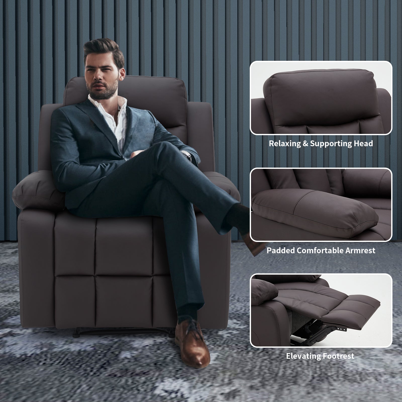 Homrest Breathable Leather Fabric Recliner Chair with PU Padded Seat Backrest with relaxing & supporting head, padded comfortable armrest and elevating footrest