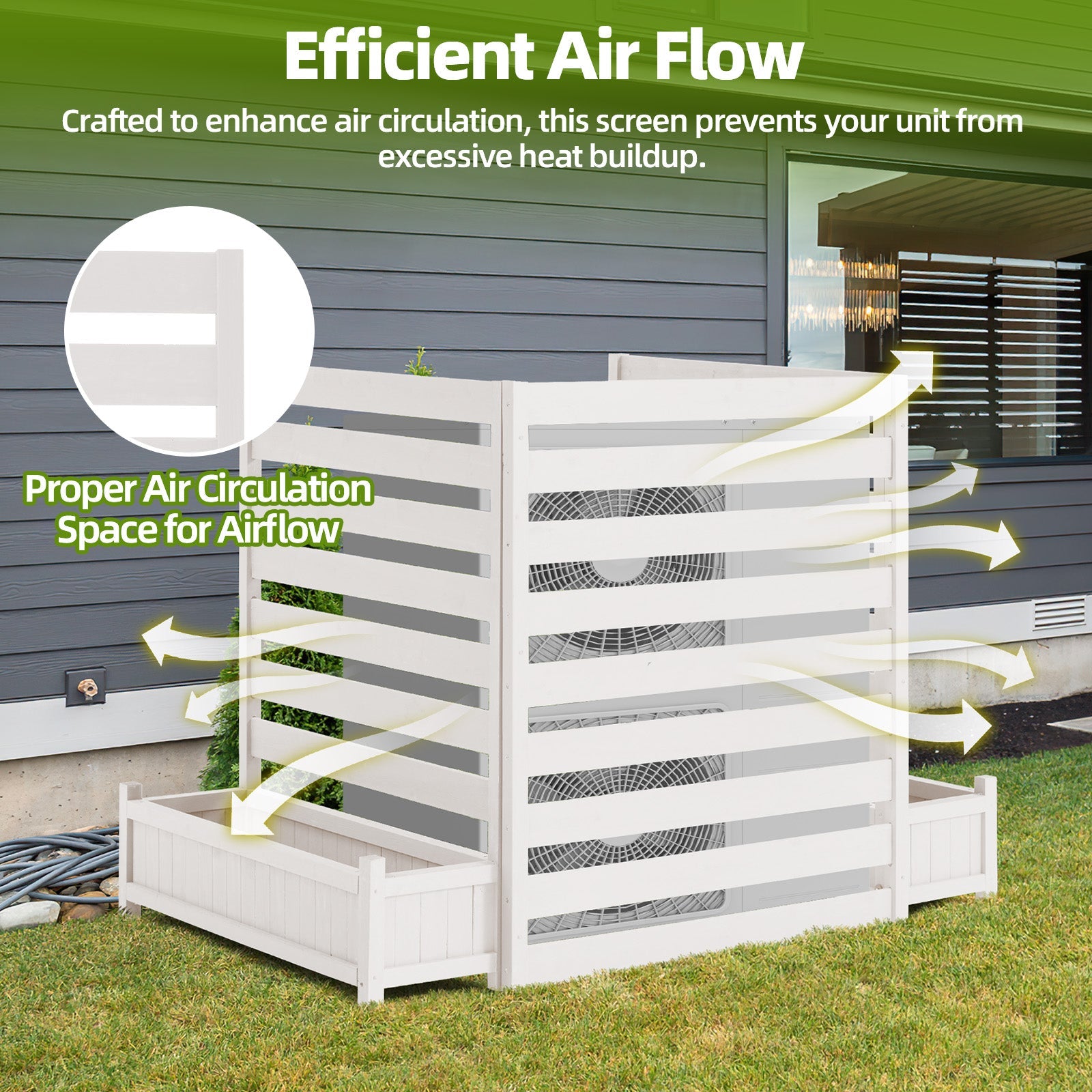 HOMREST 3 Panels No-Dig AC Unit Privacy Fence with Planter Box, 33" W x 39" H, Durable Outdoor Wood Screen to Hide AC & Trash with Floral Bed White