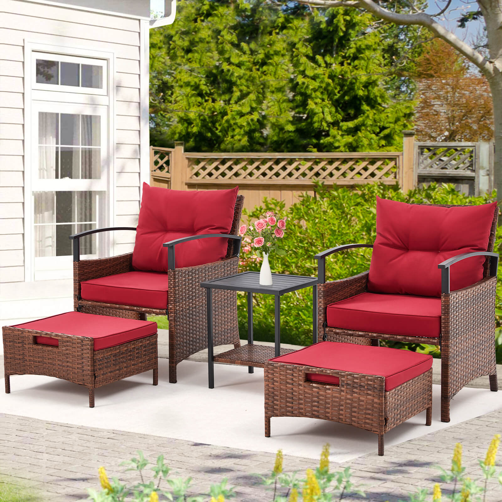 HOMREST 5 Pieces Patio Furniture Set, Outdoor Rattan Chairs with Metal Coffee Table, Ottomans & Soft Cushions, Wicker Conversation Bistro Set for Garden, Porch, Deck, Balcony, Red