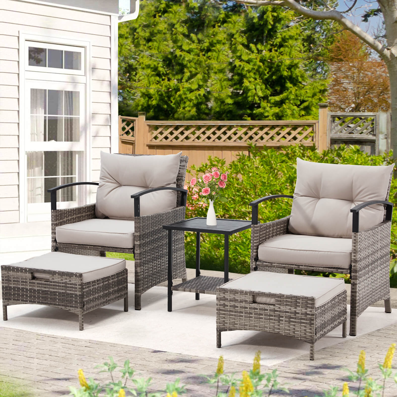 HOMREST 5 Pieces Patio Furniture Set, Outdoor Rattan Chairs with Metal Coffee Table, Ottomans & Soft Cushions, Wicker Conversation Bistro Set, Gray