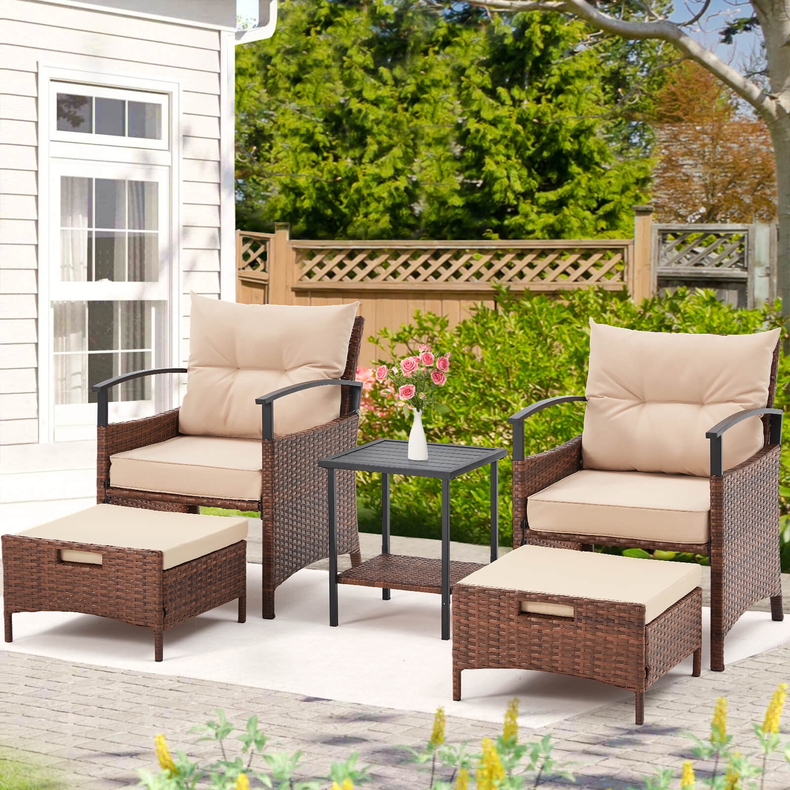 HOMREST 5 Pieces Patio Furniture Set, Outdoor Rattan Chairs with Metal Coffee Table, Ottomans & Soft Cushions, Wicker Conversation Bistro Set, Beige
