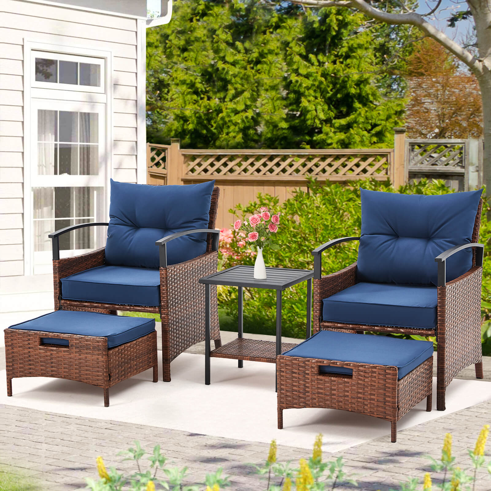 HOMREST 5 Pieces Patio Furniture Set, Outdoor Rattan Chairs with Metal Coffee Table, Ottomans & Soft Cushions, Wicker Conversation Bistro Set, Blue