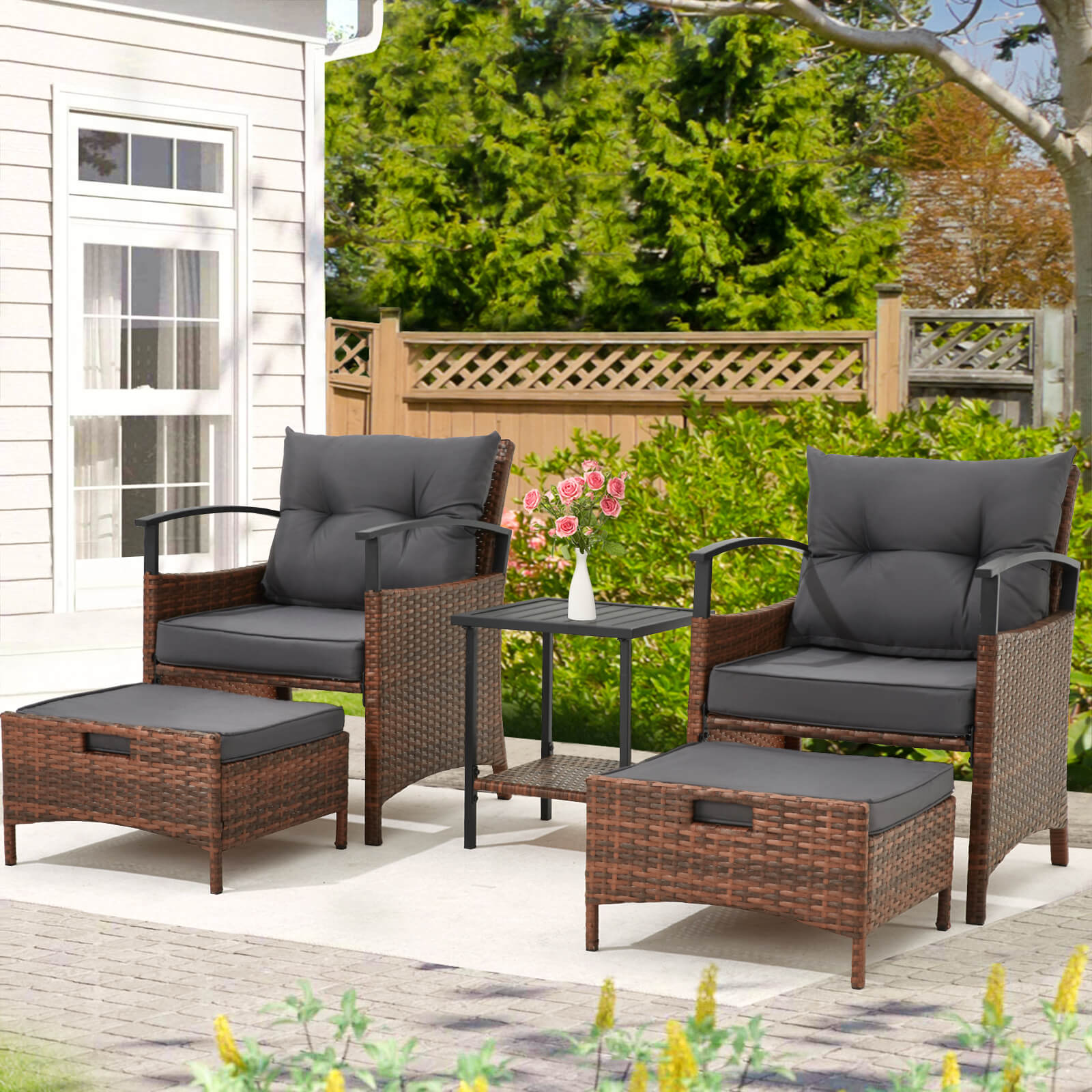 HOMREST 5 Pieces Patio Furniture Set, Outdoor Rattan Chairs with Metal Coffee Table, Ottomans & Soft Cushions, Wicker Conversation Bistro Set, Dark Gray