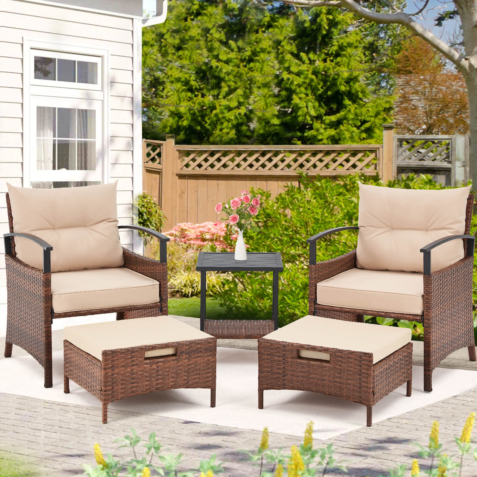 HOMREST 5 Pieces Patio Furniture Set, Outdoor Rattan Chairs with Metal Coffee Table, Ottomans & Soft Cushions, Wicker Conversation Bistro Set, Beige