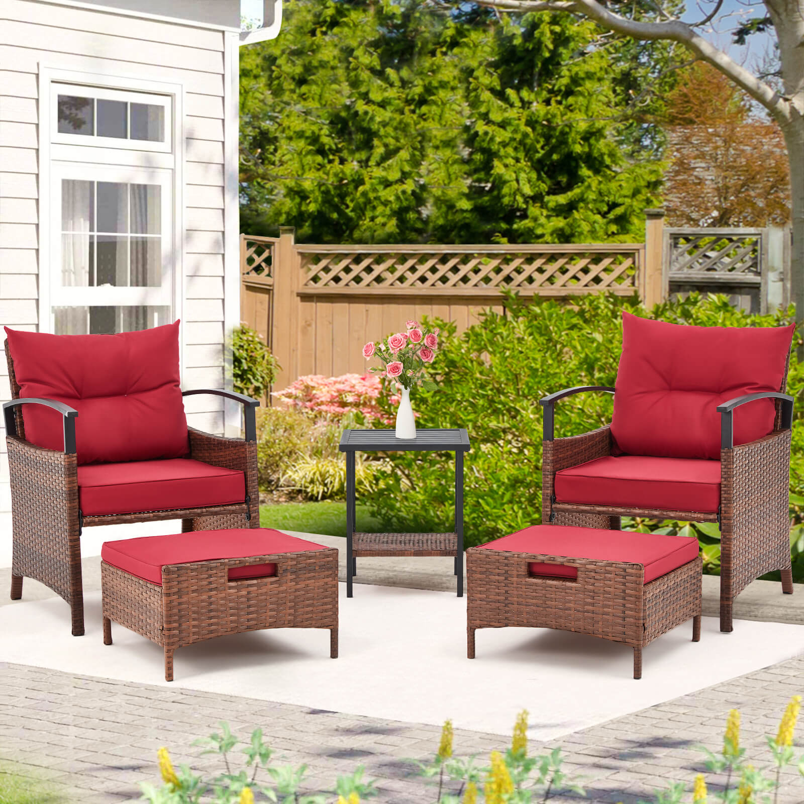HOMREST 5 Pieces Patio Furniture Set, Outdoor Rattan Chairs with Metal Coffee Table, Ottomans & Soft Cushions, Wicker Conversation Bistro Set for Garden, Porch, Deck, Balcony, Red