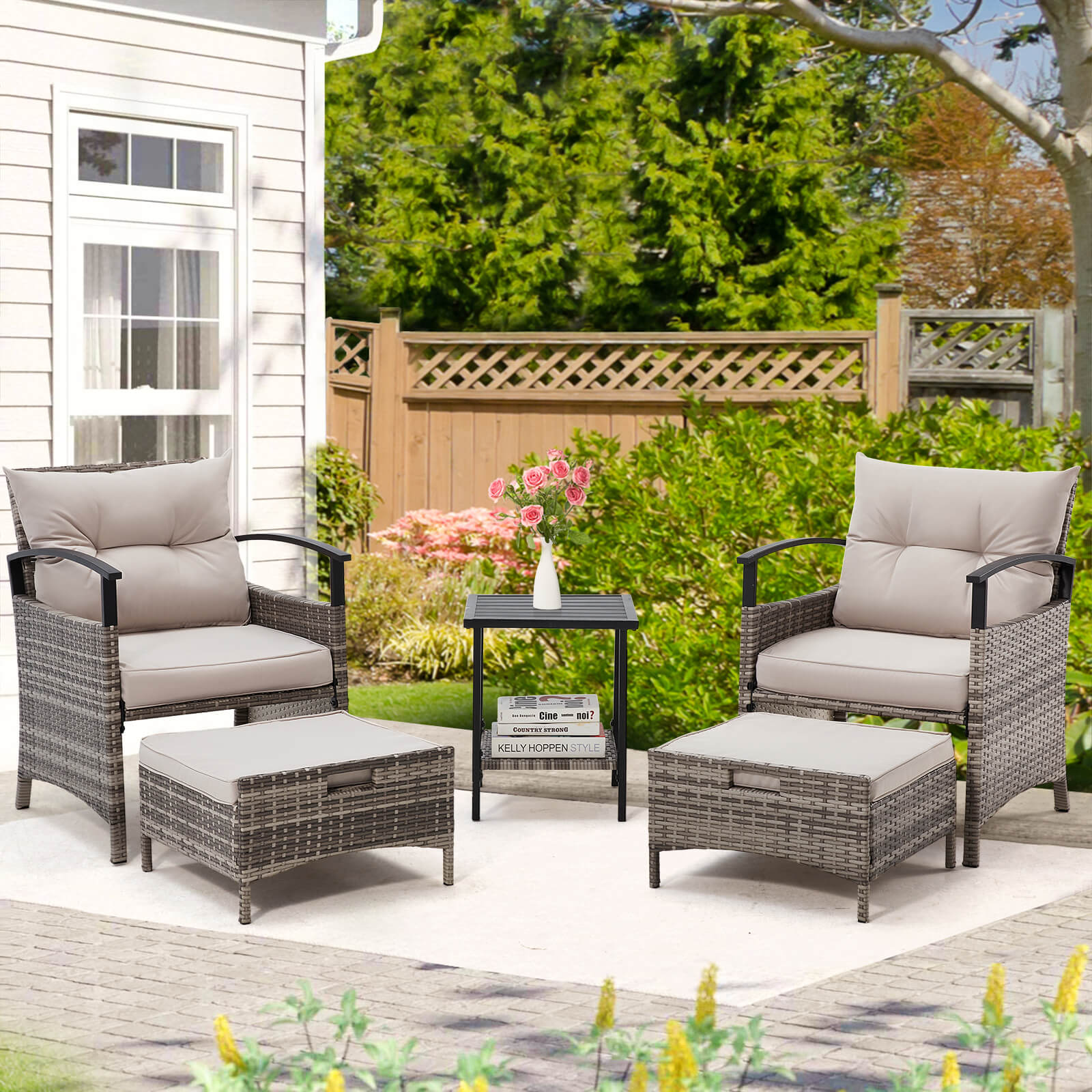 HOMREST 5 Pieces Patio Furniture Set, Outdoor Rattan Chairs with Metal Coffee Table, Ottomans & Soft Cushions, Wicker Conversation Bistro Set, Gray