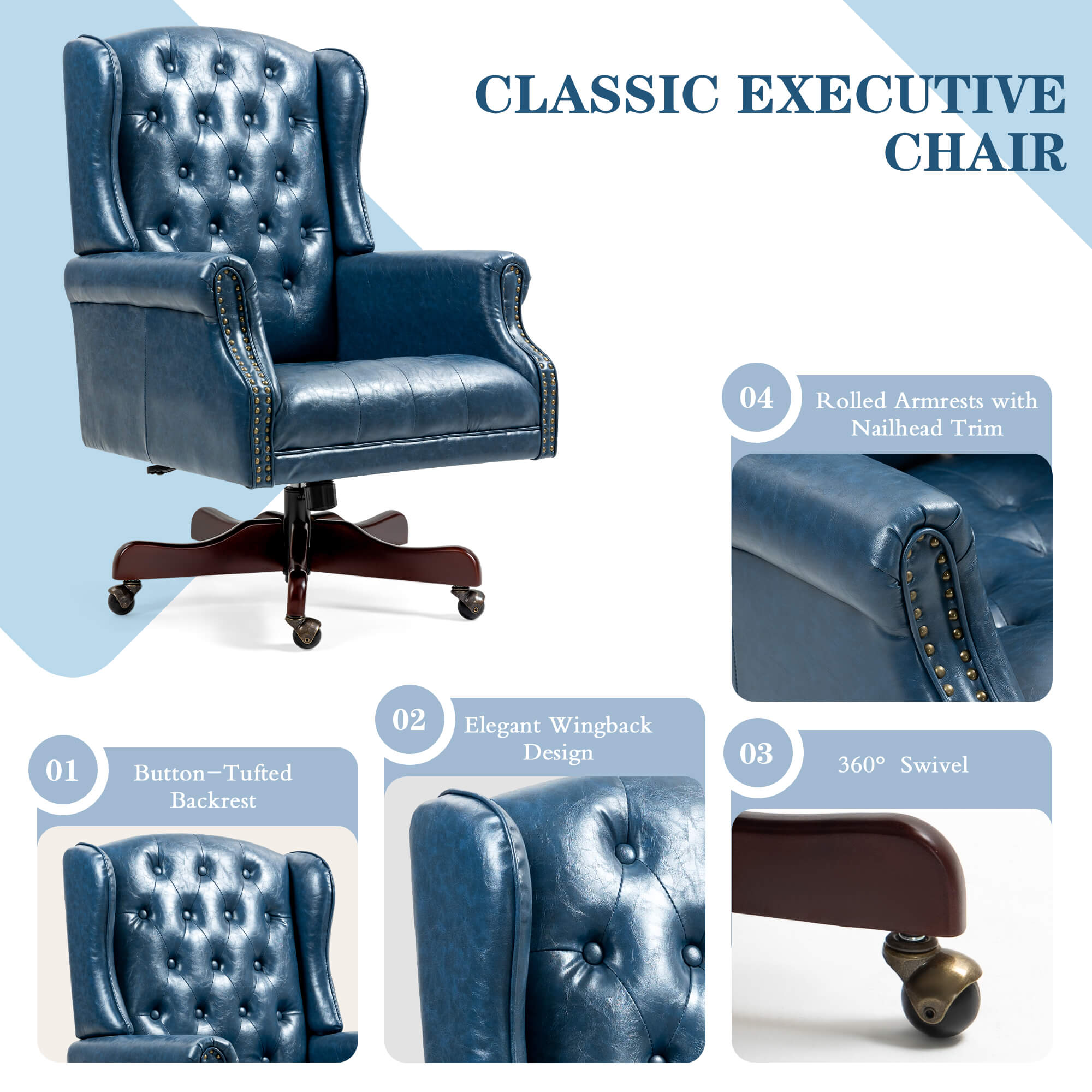 Homrest Executive Wingback Office Chair – Blue PU Leather High Back Desk Chair