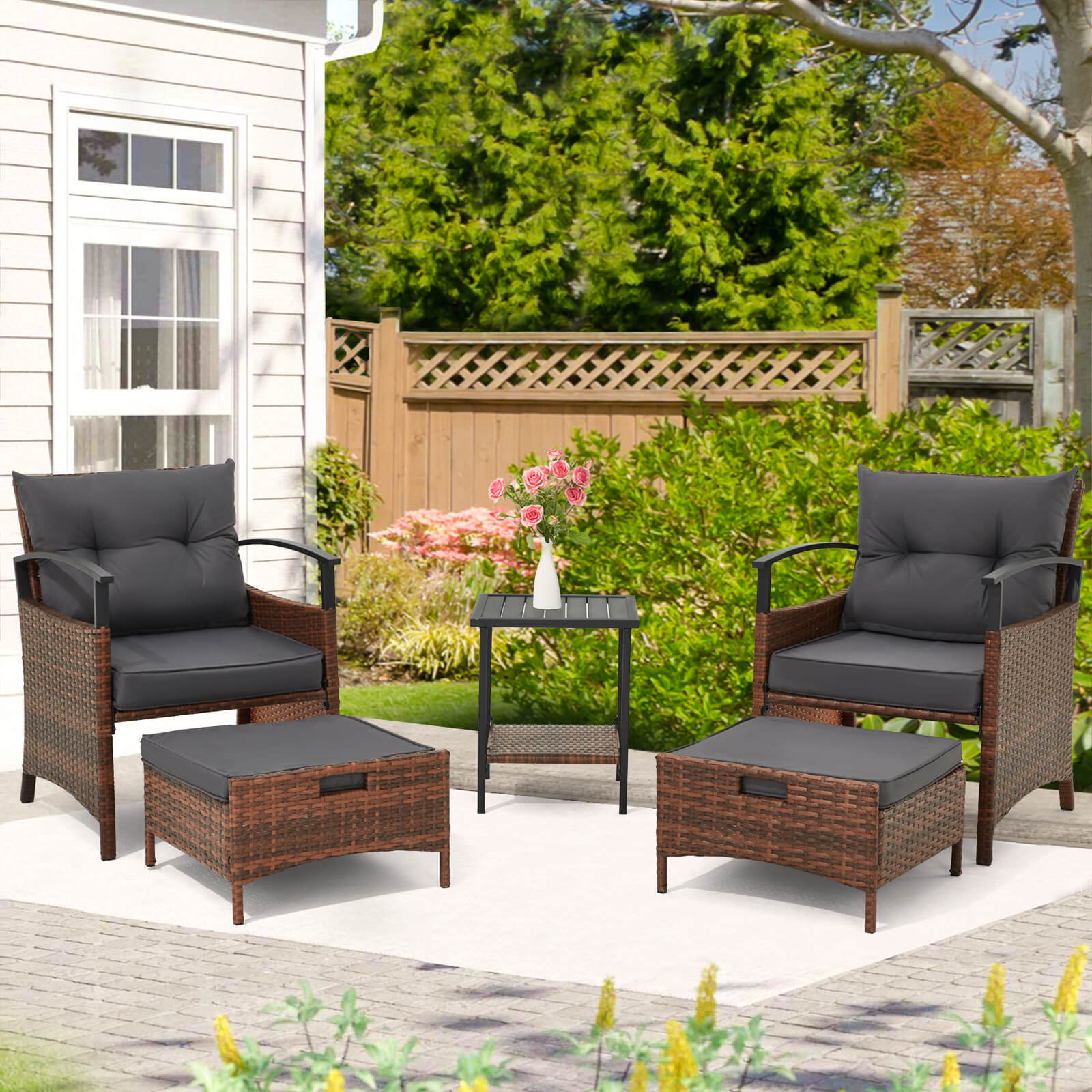 HOMREST 5 Pieces Patio Furniture Set, Outdoor Rattan Chairs with Metal Coffee Table, Ottomans & Soft Cushions, Wicker Conversation Bistro Set, Dark Gray