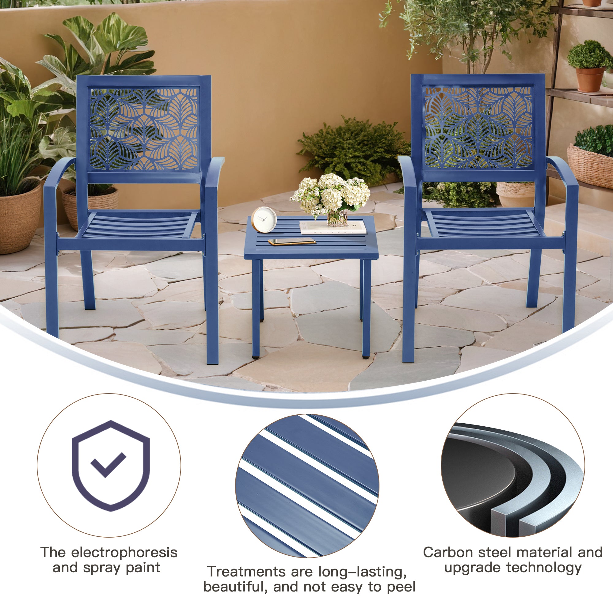 HOMREST 3-Piece Outdoor Bistro Set – Metal Chairs & Table, Floral Back Design, Peacock Blue