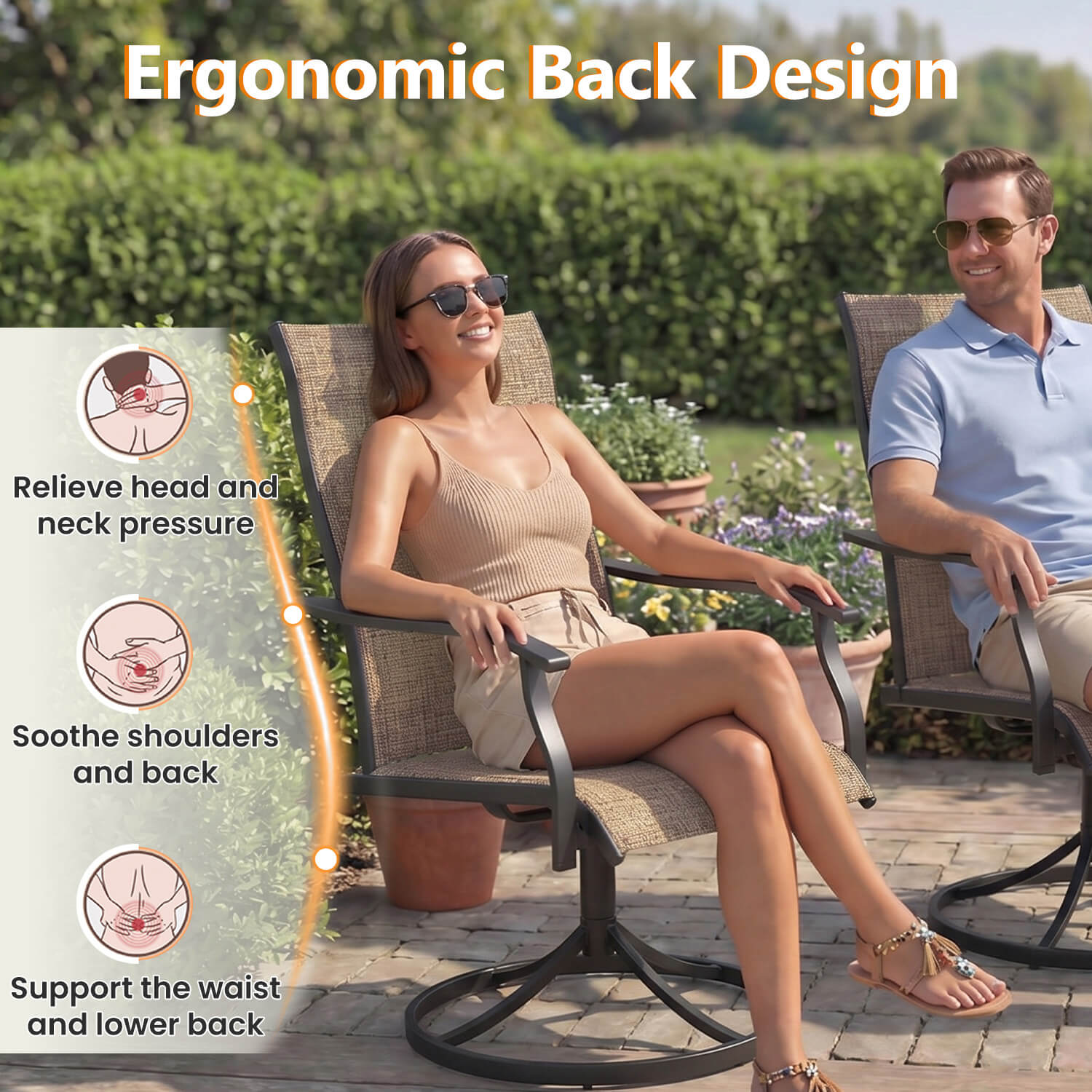 HOMREST Patio Swivel Chairs Set of 4, 360° Swivel, 15° Rocking, Outdoor Dining Chairs with Padded All Weather Quick-Drying Textilene High Back & Metal Frame, Brown