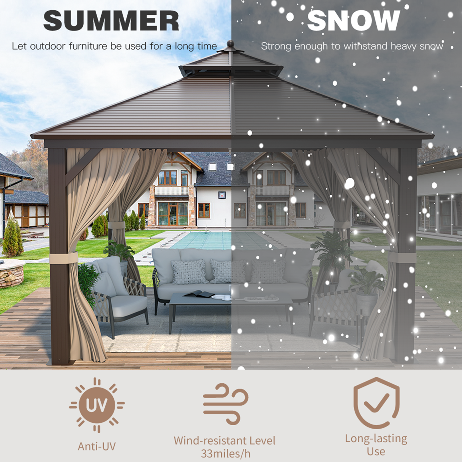 Homrest 12'x12' Hardtop Gazebo Canopy Galvanized Steel Pergolas with Netting & Curtains - Homrest