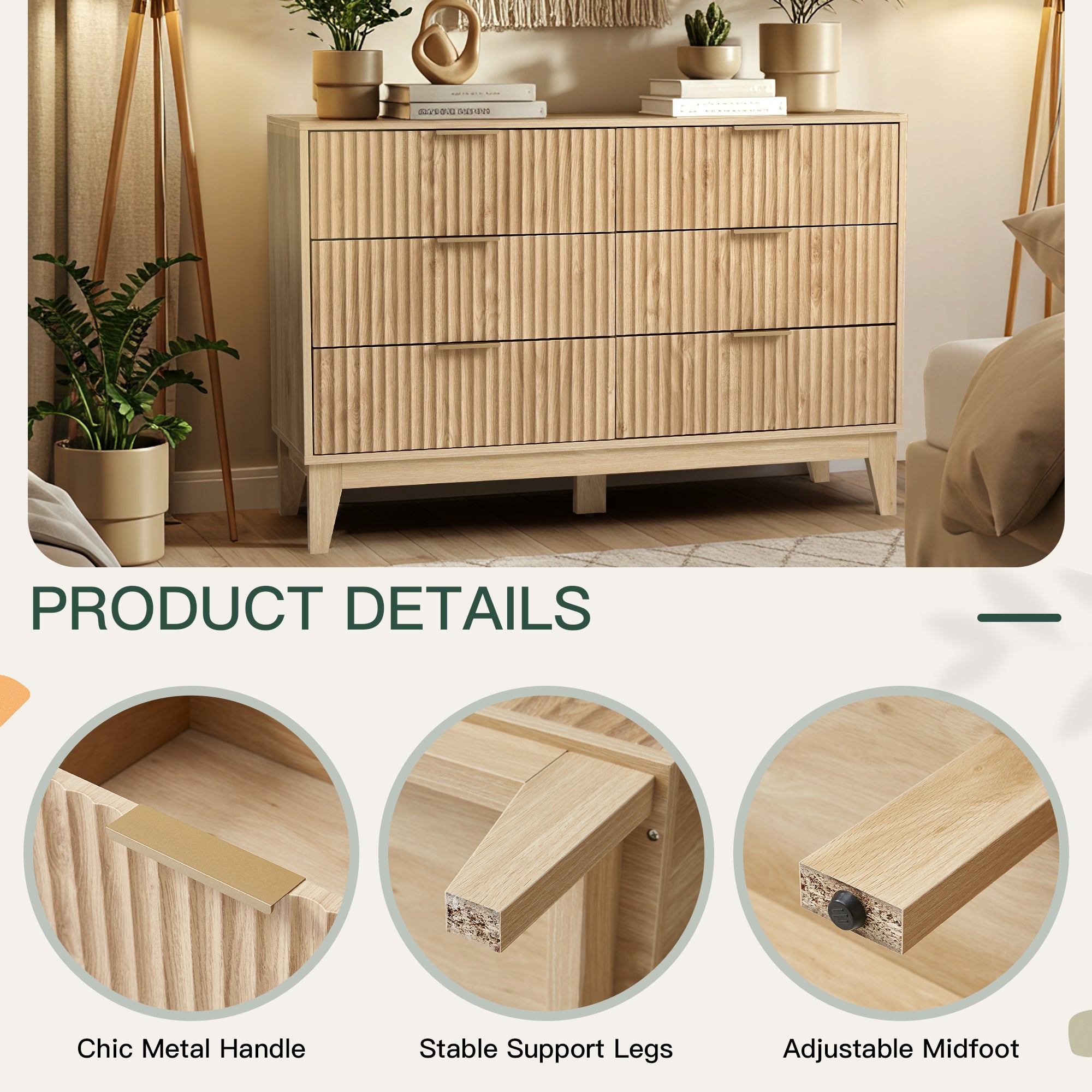 HOMREST Fluted Dresser for Bedroom, 6 Drawer Modern Dresser, Wide Modern Chest of Drawers with Metal Handle, Mid Century Modern Dresser, Natural Wood
