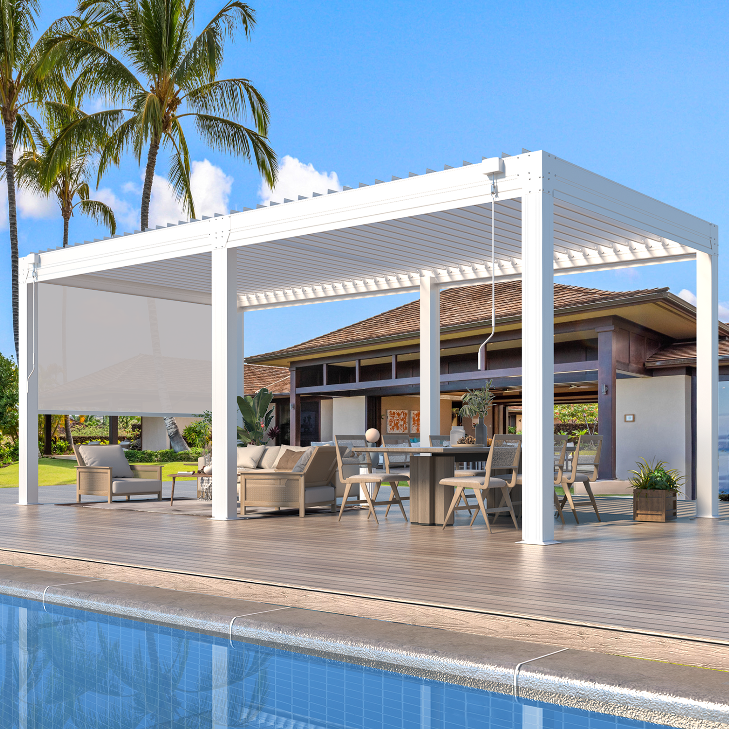 HOMREST 10x20FT Louvered Pergola with 6-Panel Pull-Down Screen, White
