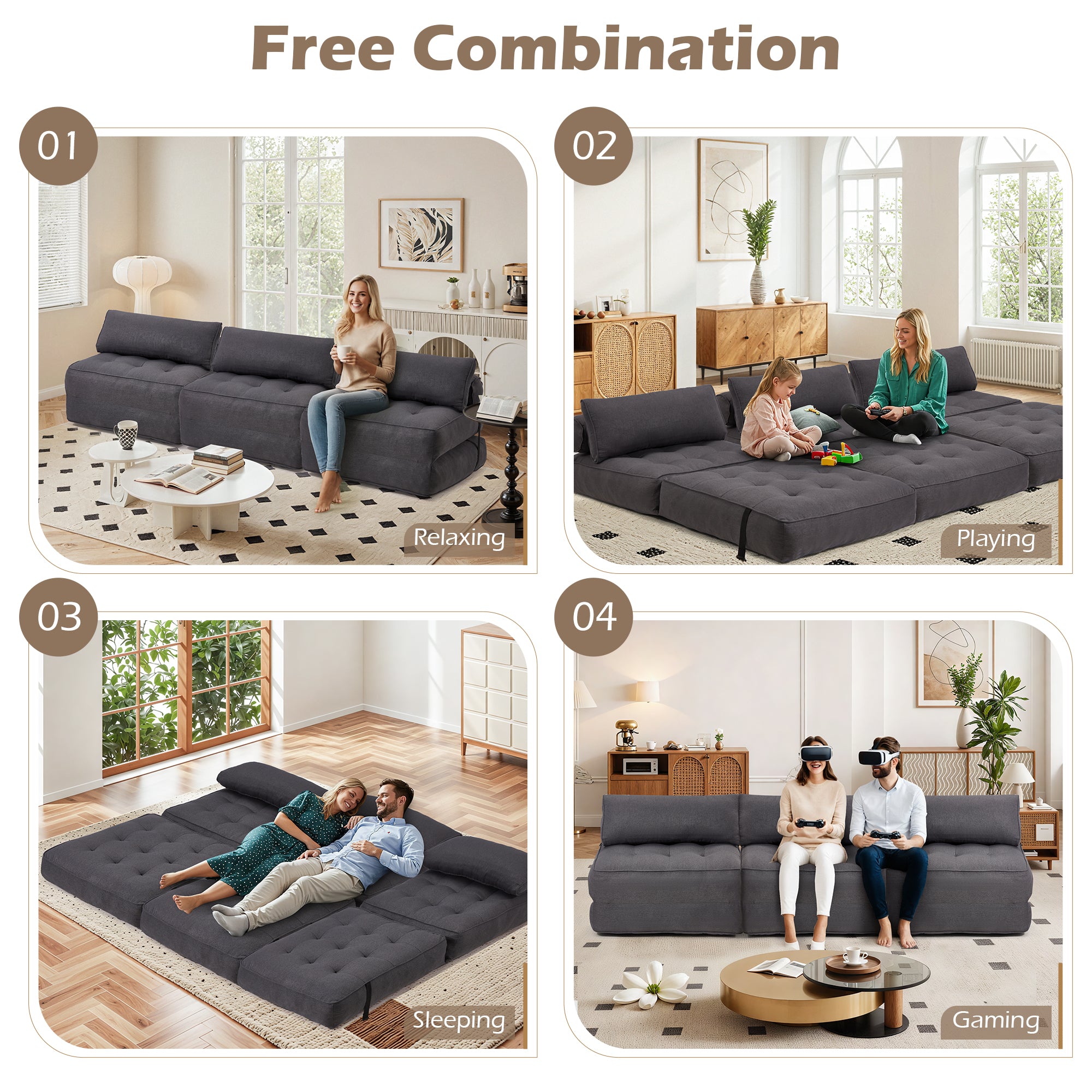 HOMREST 3-Piece Modular Sectional Sofa, Convertible Lounge Set – Foldable Couch Bed, Dark Gray