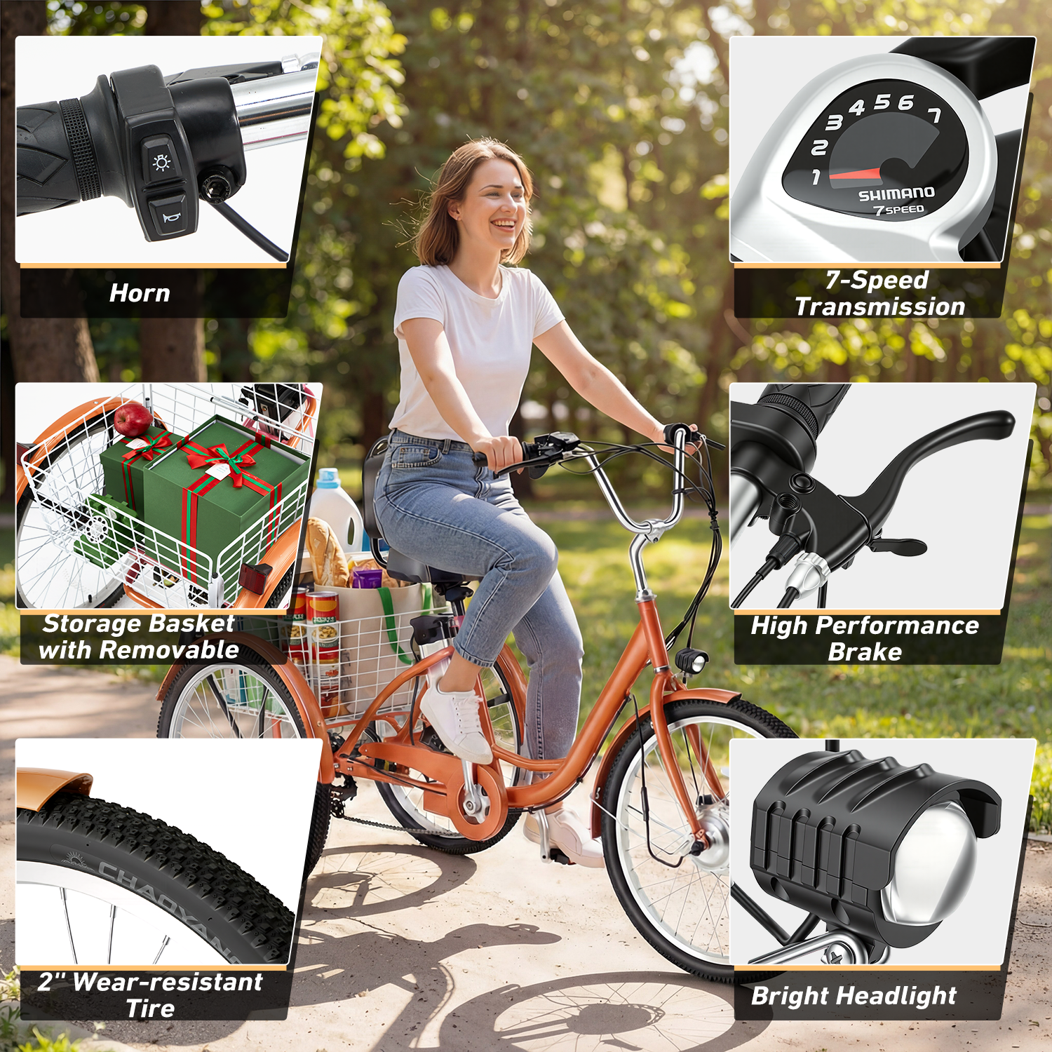 HOMREST Electric Trike for Adults,Peak 500W Brushless Motor, E-Trike with 24" x 2" Tires, Removable Battery, Charger,Step-Thru 3-Wheel Electric Bicycle, Up to 55 Miles Range, 15.5MPH+ Speed, Orange