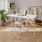 HOMREST Folding Sewing Table, Height Adjustable Fabric Cutting Table with Storage Shelves ＆ Lockable Casters, Portable Craft Station Desk for Home Apartment (57.5" W x 35.5" D x 33-39.75" H)