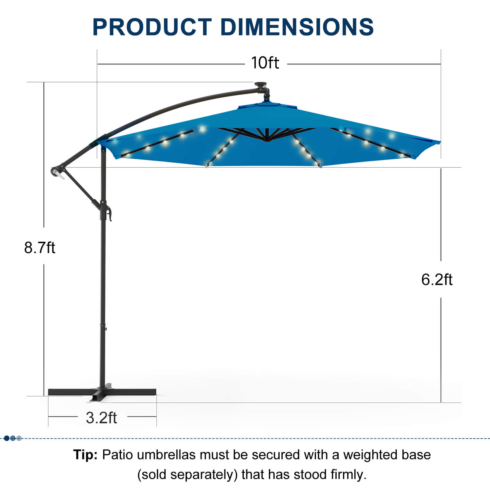 Homrest 10ft Solar Lighted Patio Umbrella, Infinite Tilt, Crank and Cross Base, Rolay Blue