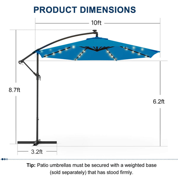 Homrest 10ft Solar Lighted Patio Umbrella, Infinite Tilt, Crank and Cross Base, Rolay Blue