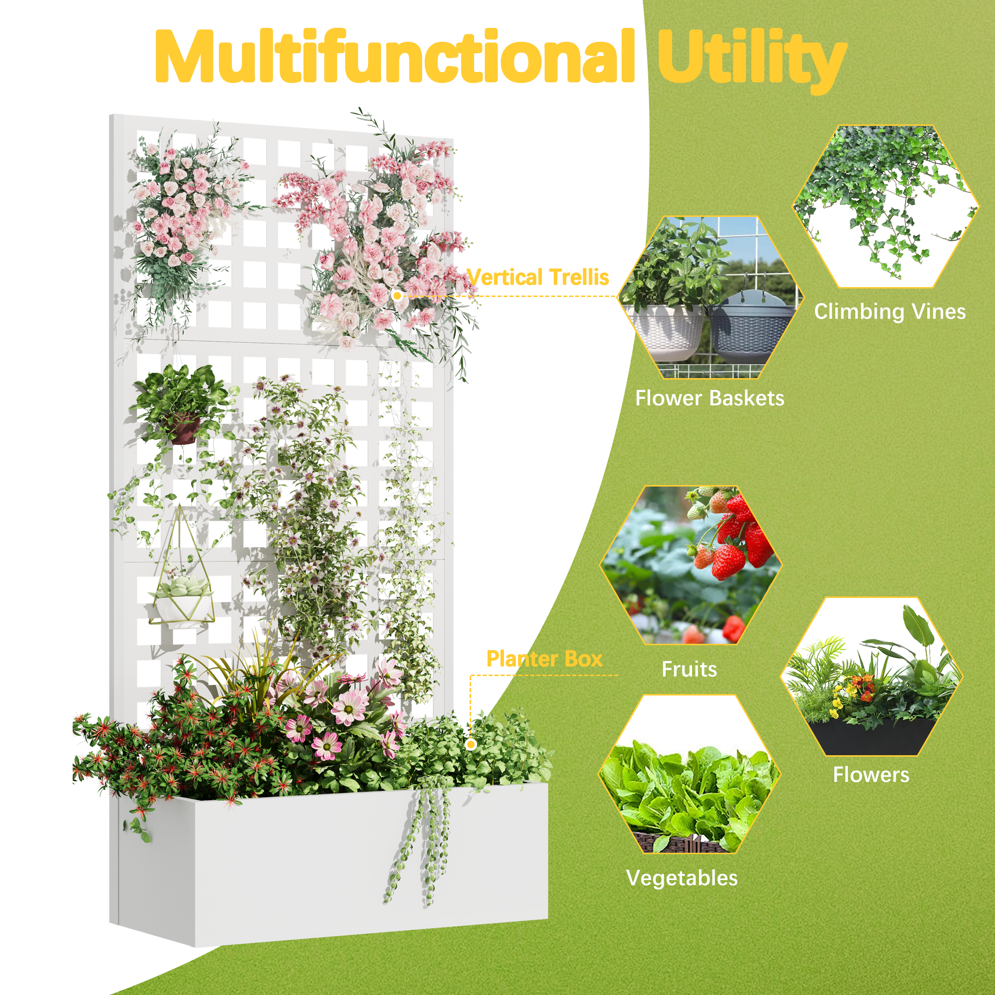 HOMREST Metal Planter Box with Trellis, 71"x 35"x 16" Raised Garden Bed with Trellis, Planter Box Trellis with Privacy Screen and Drainage Holes, White